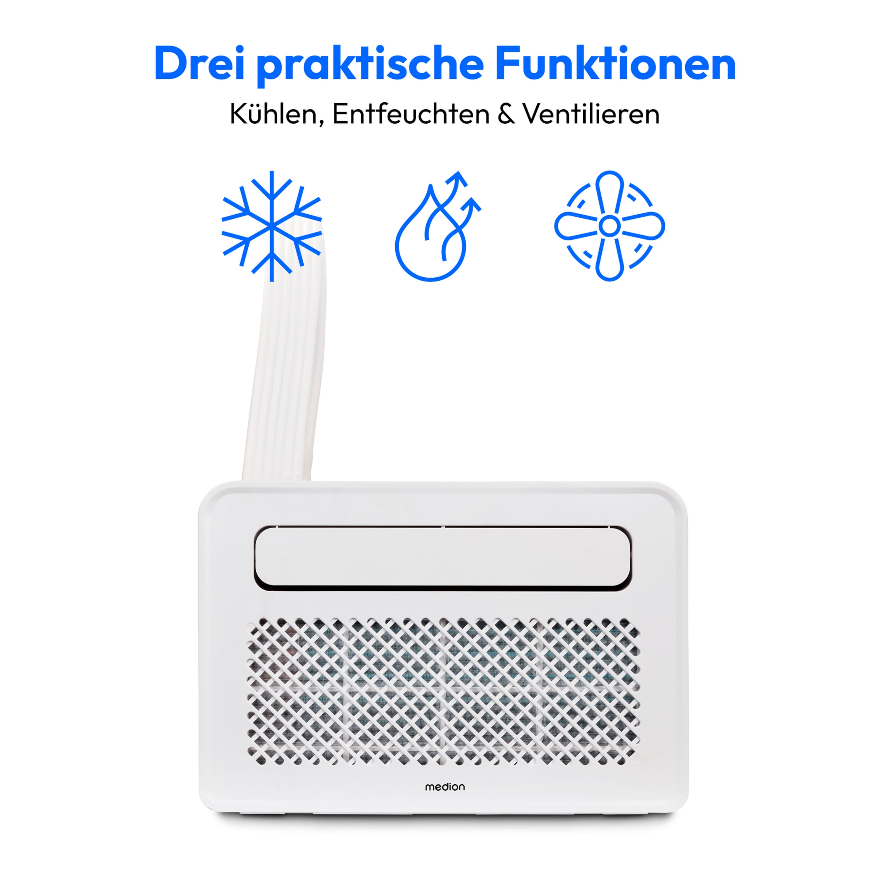 Biała chłodziarka powietrza z trzema funkcjami: chłodzenie, osuszanie i wentylacja. Niebieskie ikony.