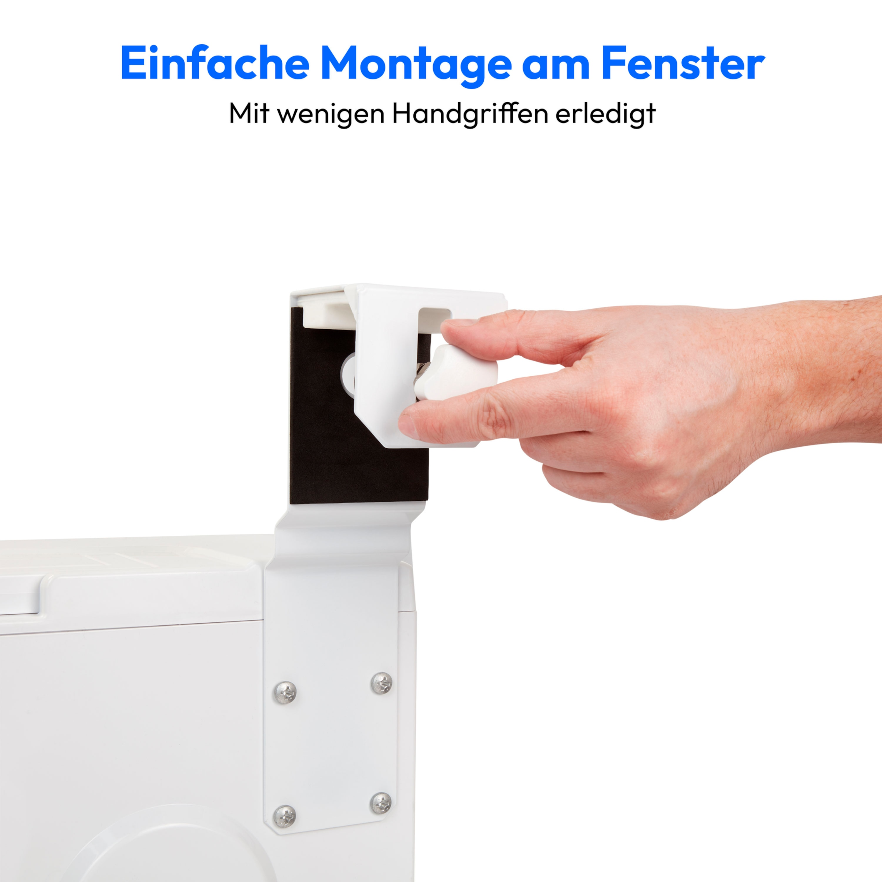 Osoba instalująca biały wspornik na białej ramie okiennej.