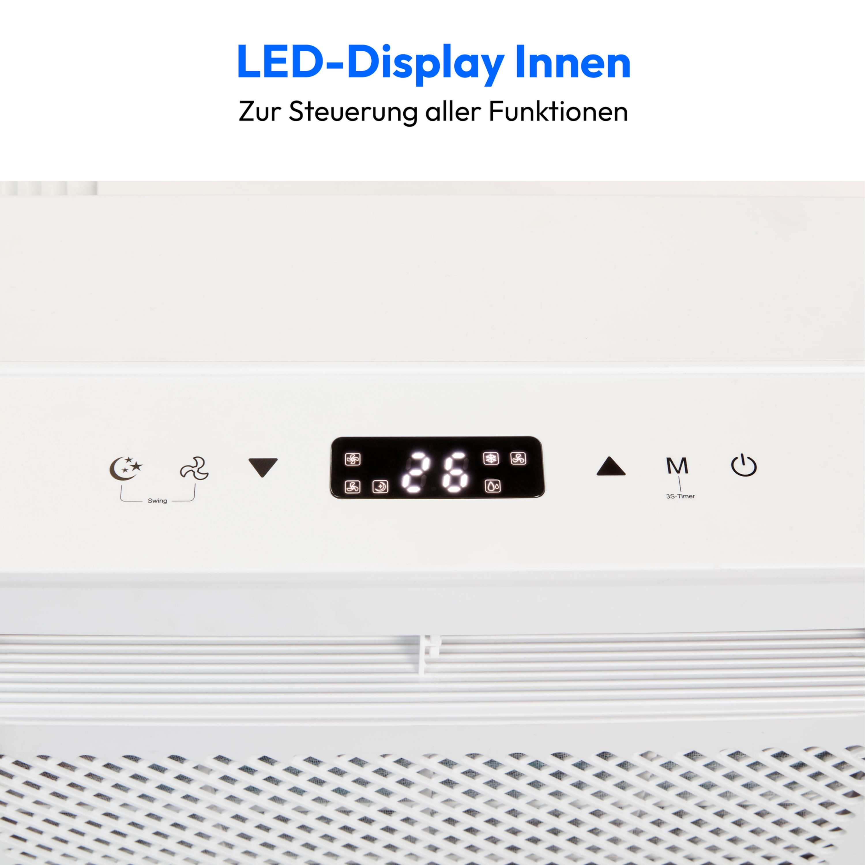 Widok wewnętrzny urządzenia, wyświetlacz cyfrowy z symbolami i białym tłem.