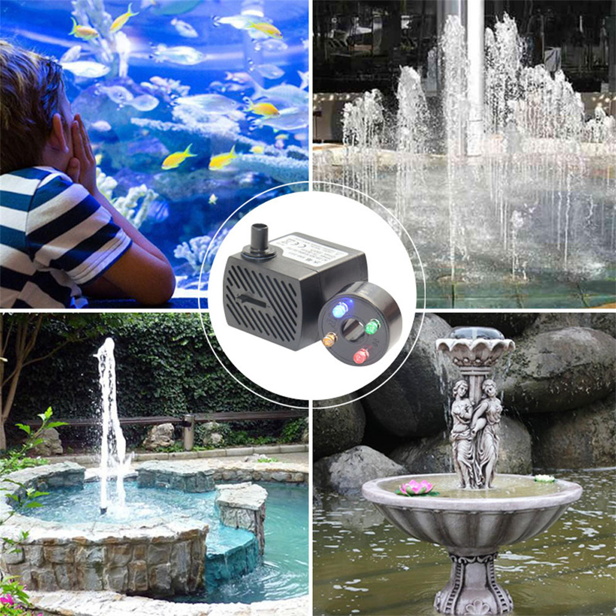 Collage von Springbrunnen und Brunnenkomponenten mit einer Person, die Fische betrachtet.