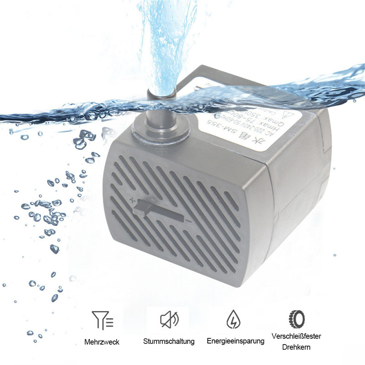 Eine graue Wasserpumpe mit blauem Wasserstrahl auf weißem Hintergrund. Symbole mit Text unten.