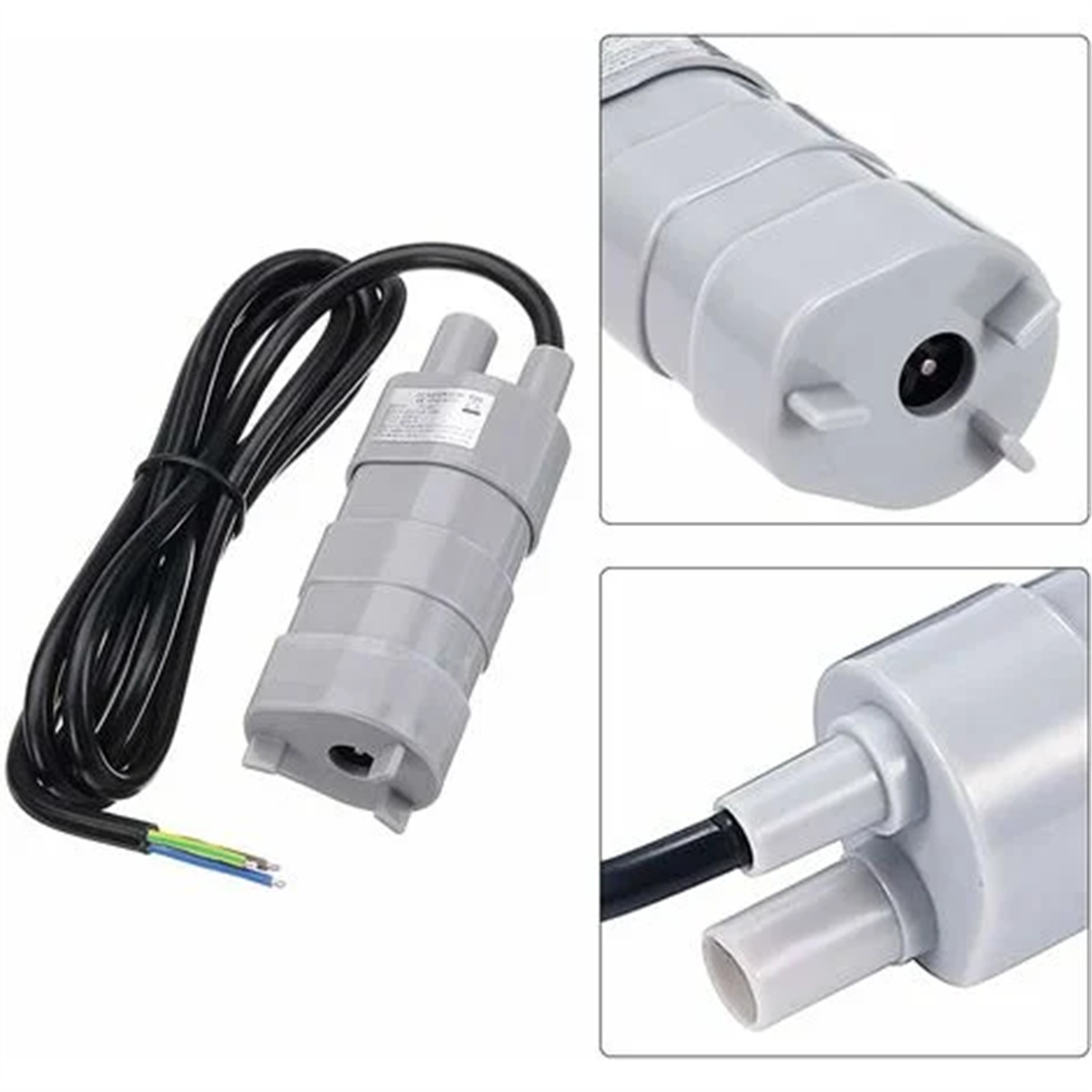 Eine kleine Wasserpumpe mit schwarzem Kabel und drei Detailansichten der Pumpenteile.