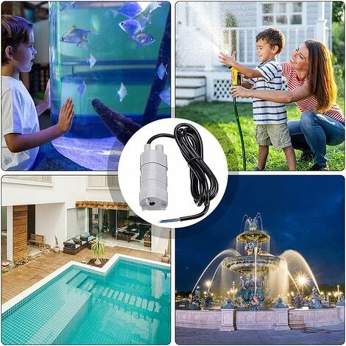 Eine Collage von Bildern: Ein Junge, der Fische betrachtet, ein Kind, das mit Wasser spielt, ein Pool und ein Brunnen.