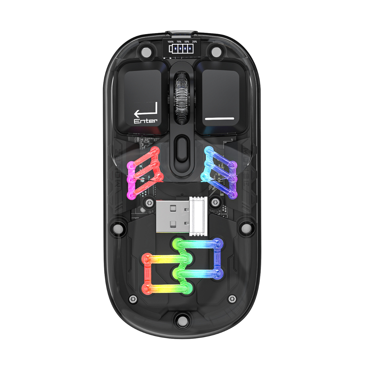 Gaming-Maus mit transparentem Gehäuse und farbenfrohen Innenlichtern. USB-Anschluss sichtbar. Weißer Hintergrund.