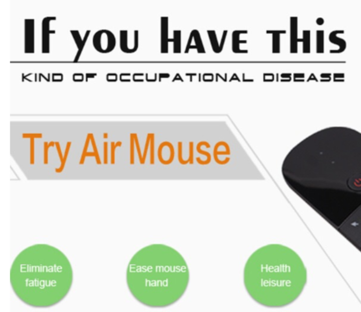 Das Bild zeigt Werbung für eine 'Air Mouse' mit Text und Grafiken. Der Text lautet: 'Ermüdung beseitigen'.