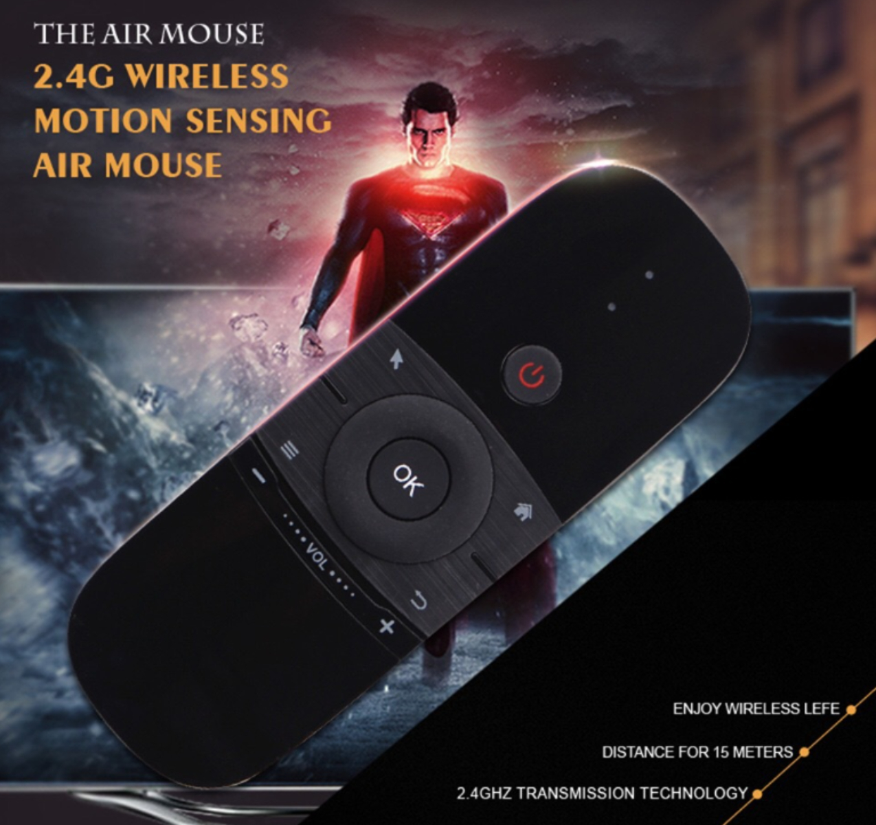 Eine schwarze Air-Mouse-Fernbedienung mit Tasten und einem Superman-Bild im Hintergrund.