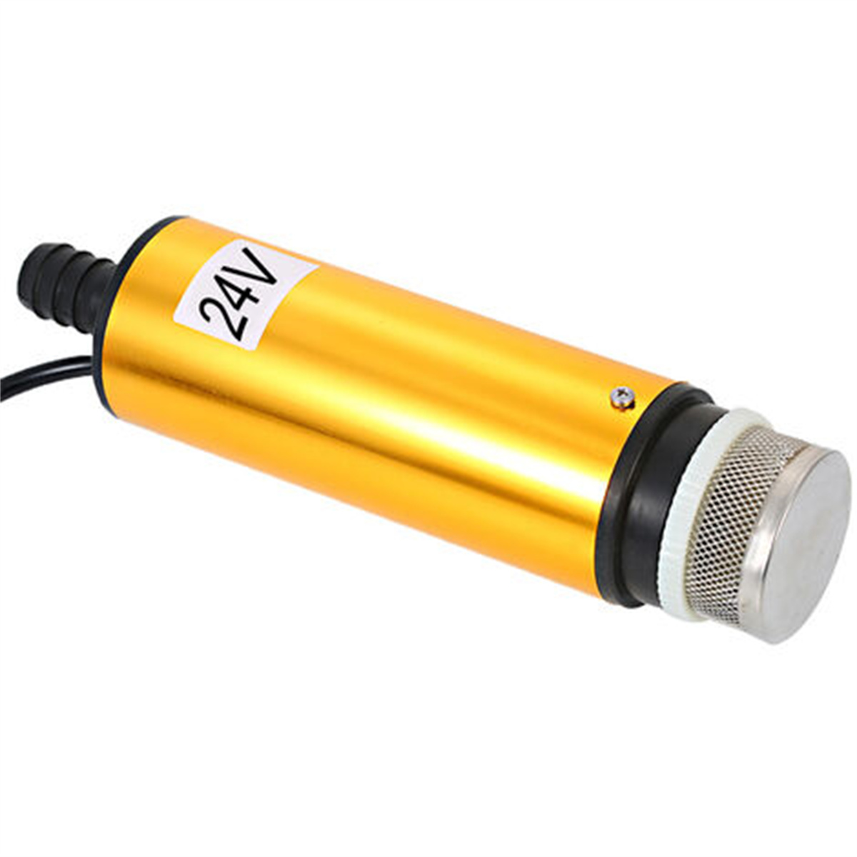 Goldene zylindrische Pumpe. Schwarze Akzente, ein Netzfilter am Ende.