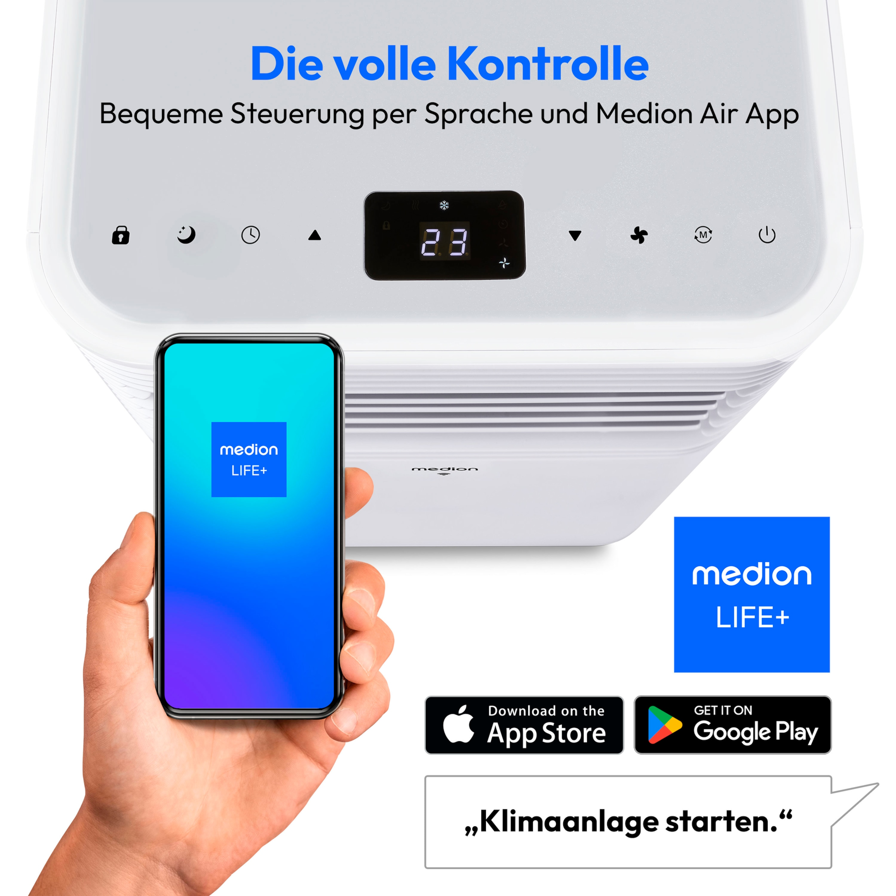 Purificador de aire blanco y smartphone. Pantalla muestra la interfaz de la app.