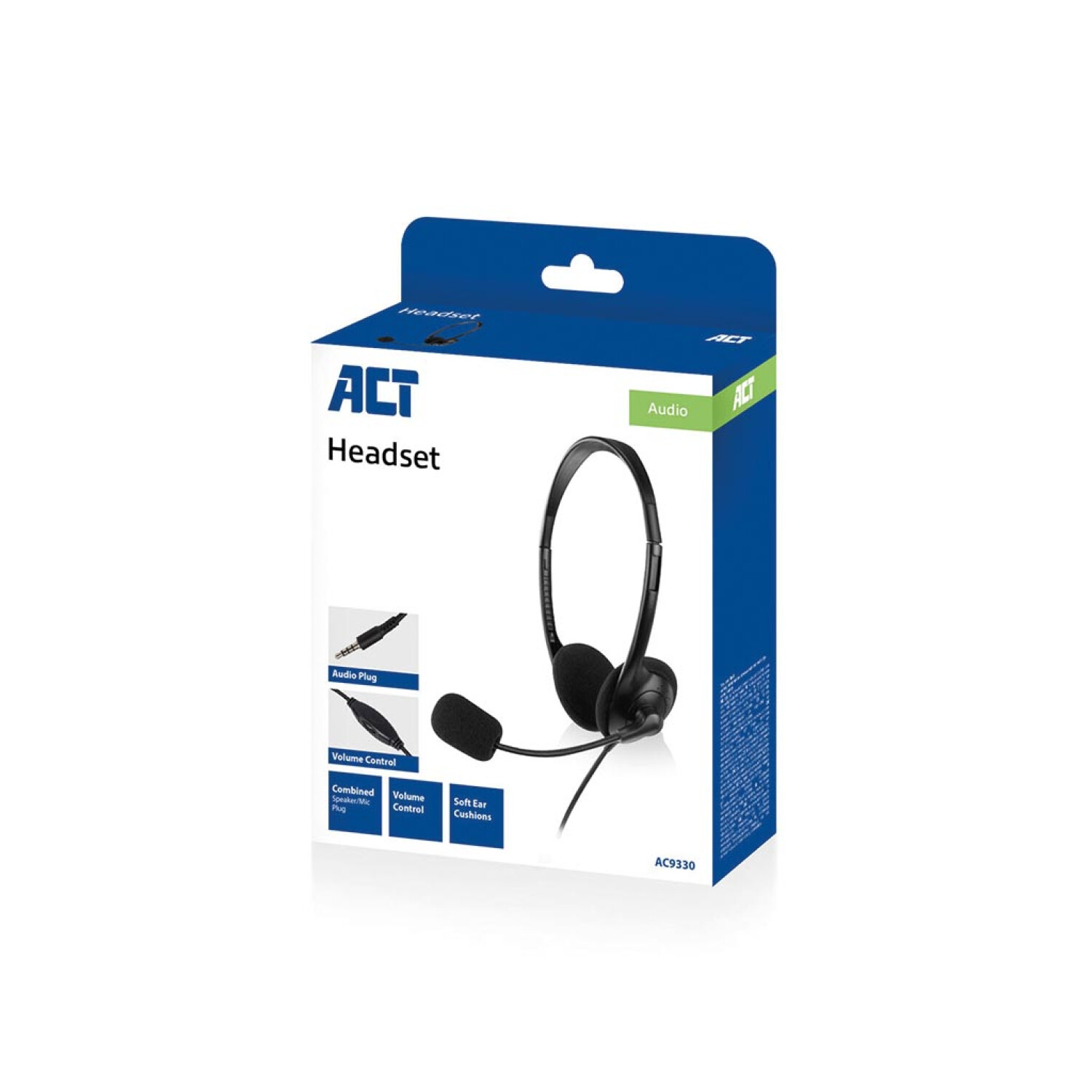 Headset box with headset, microphone, and volume control illustrations.
