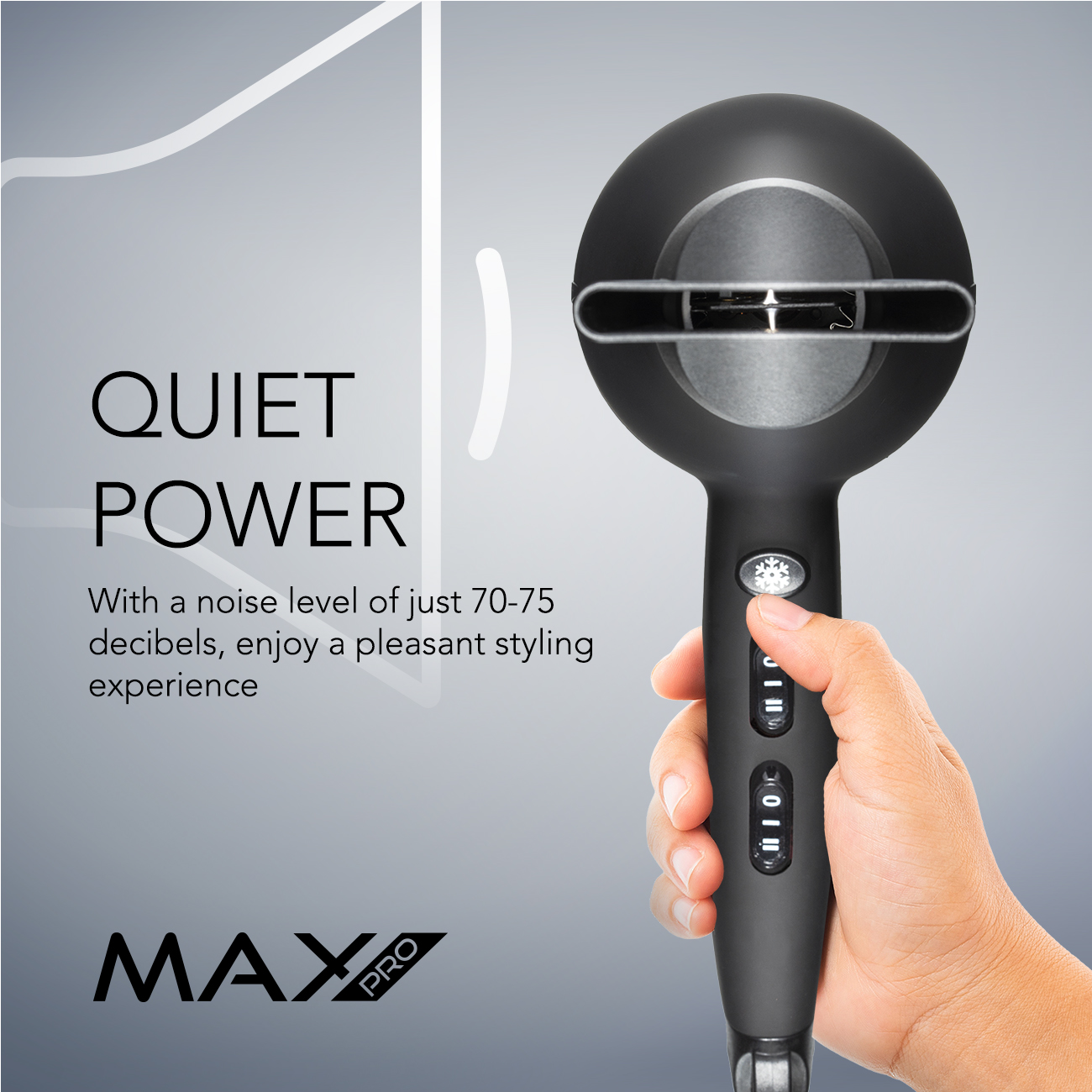 Ein schwarzer Haartrockner, der von einer Hand gehalten wird, mit den Worten 'Quiet Power'.