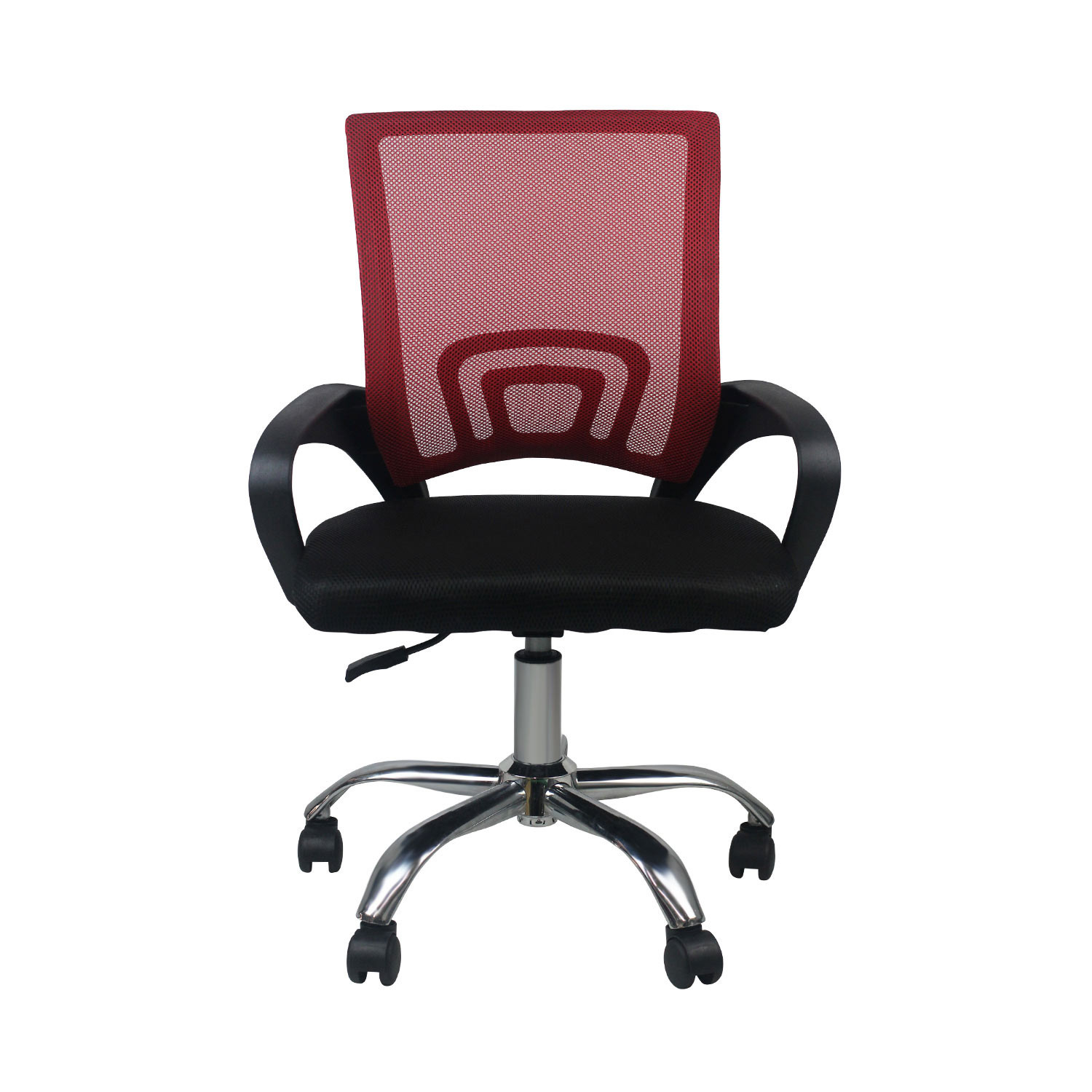 Silla de oficina con respaldo de malla roja, asiento y brazos negros, base cromada con ruedas.