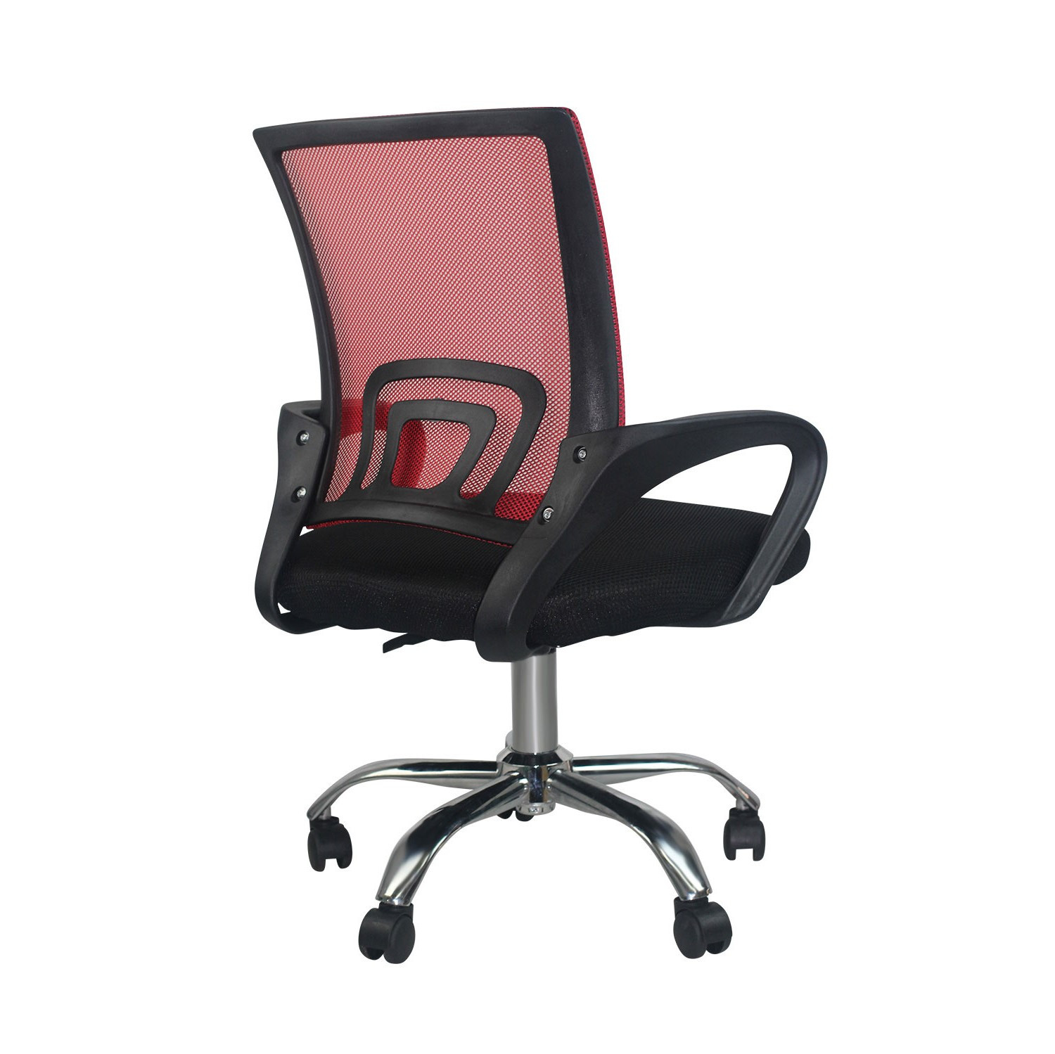 Una silla de oficina con respaldo de malla en negro y rojo, con base cromada y ruedas, sobre blanco.
