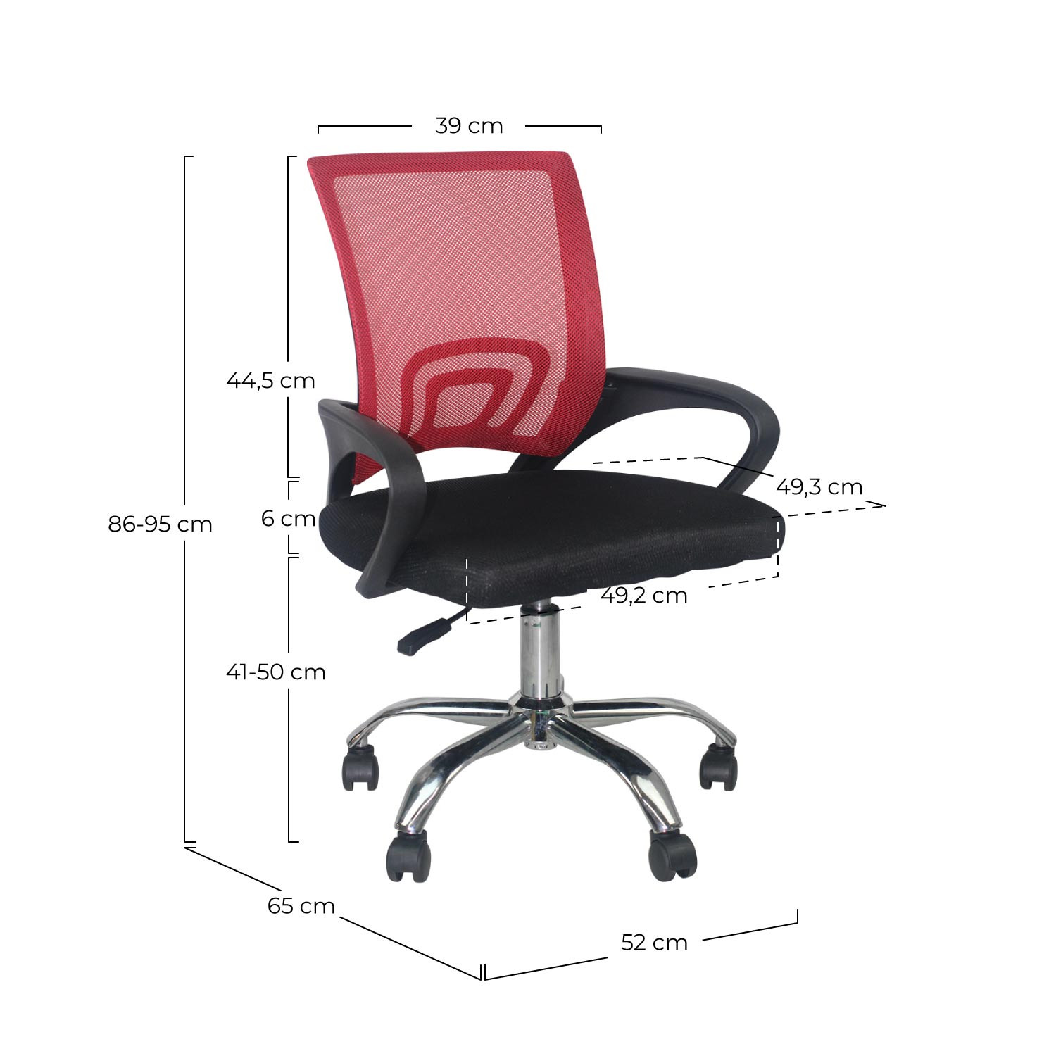 Silla de oficina con respaldo de malla roja, asiento negro, reposabrazos y base cromada. Dimensiones etiquetadas.