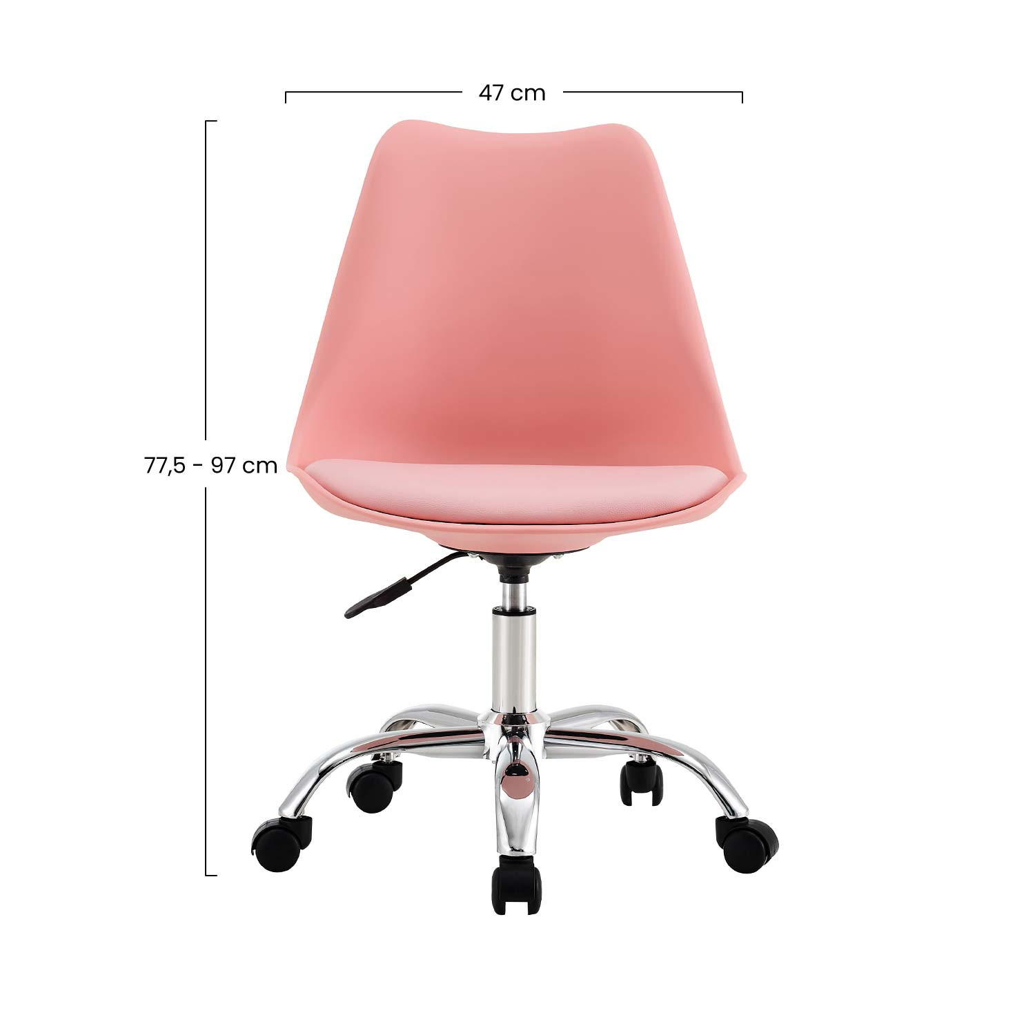 Silla de oficina rosa con base cromada. Se muestran las dimensiones.