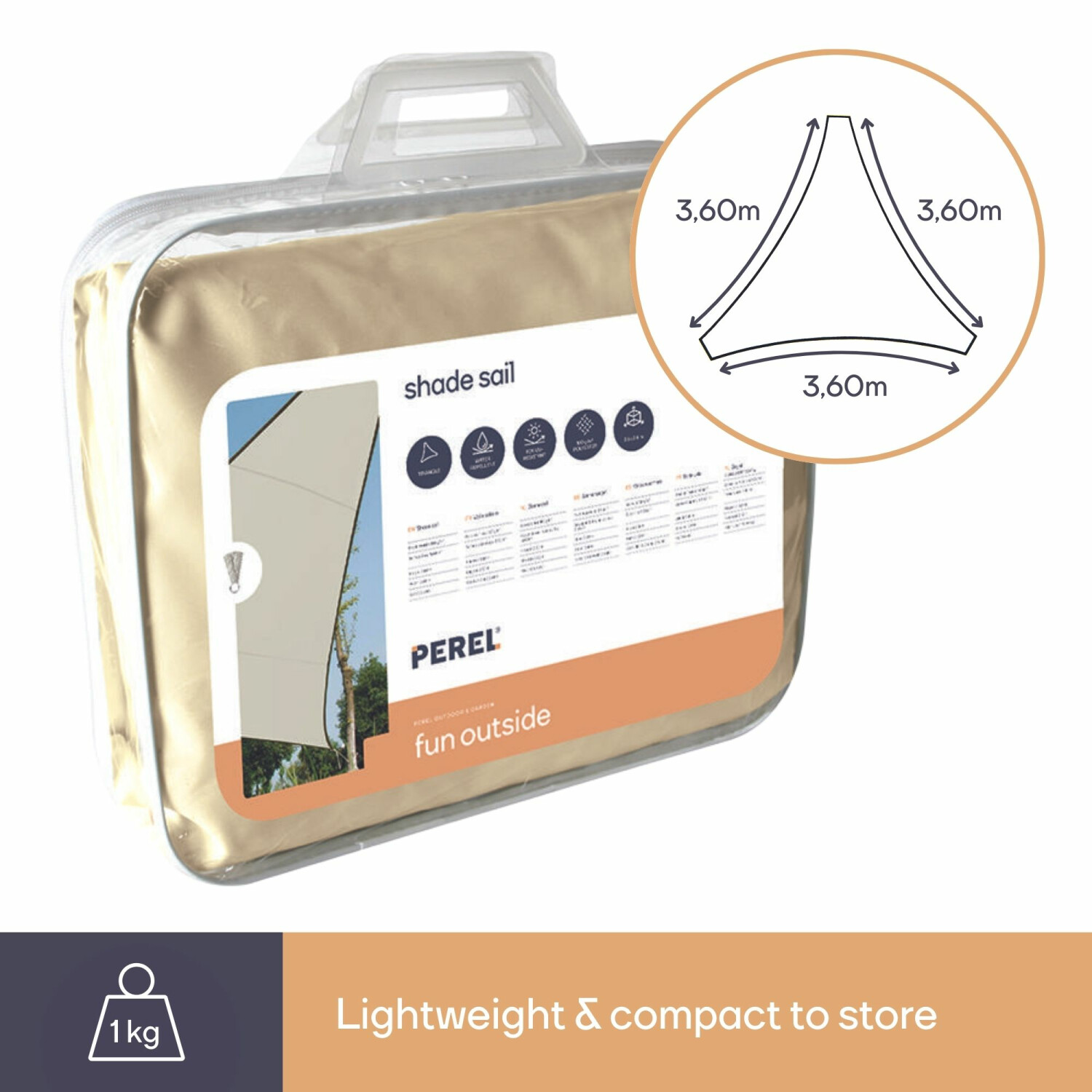 Vela ombreggiante in sacchetto trasparente con diagramma. Forma e dimensioni. Sfondo: bianco.