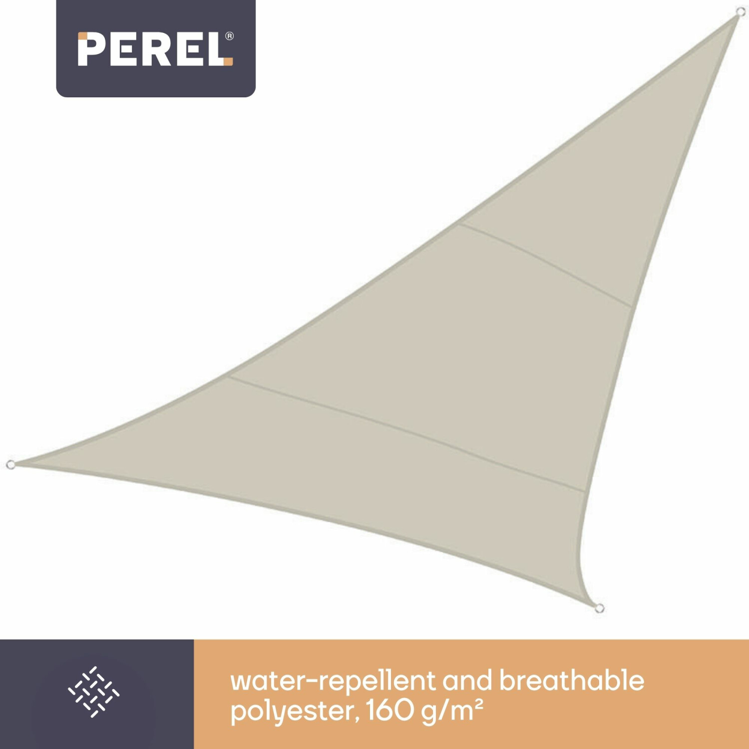 Una vela parasole triangolare beige con anelli metallici agli angoli. Sfondo bianco.