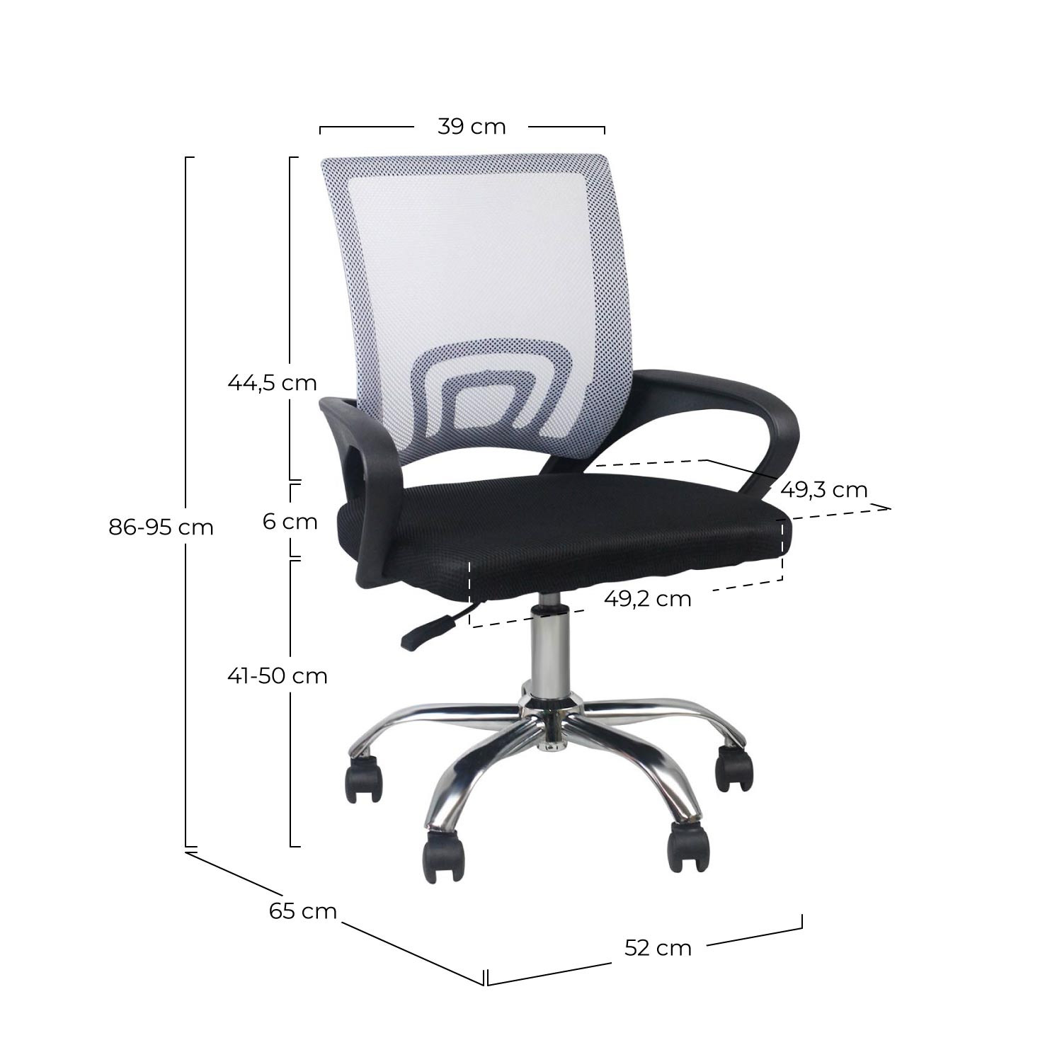 Silla de oficina con dimensiones en cm. Tiene respaldo de malla y ruedas.