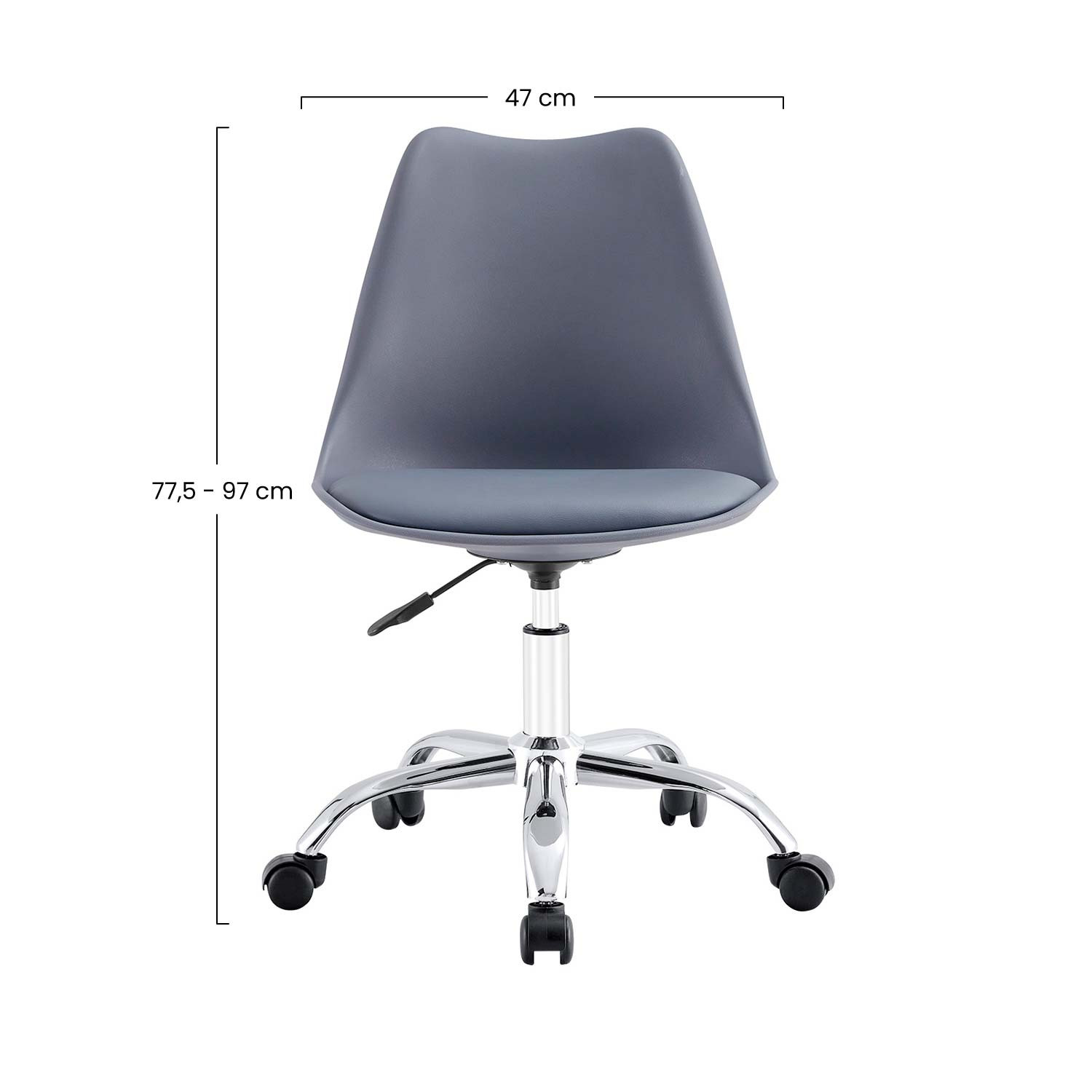 Silla de oficina gris con medidas, fondo blanco.