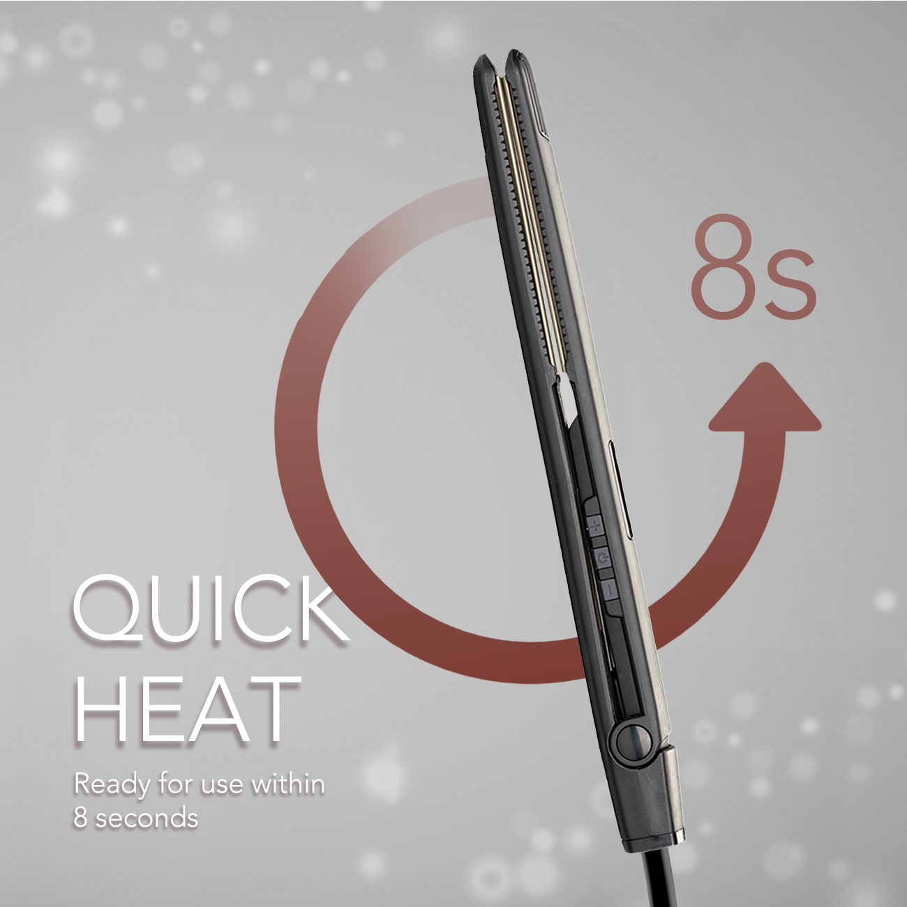 Ein schwarzer Haarglätter mit dem Text „QUICK HEAT“ und einem Pfeil, der 8 Sekunden anzeigt.