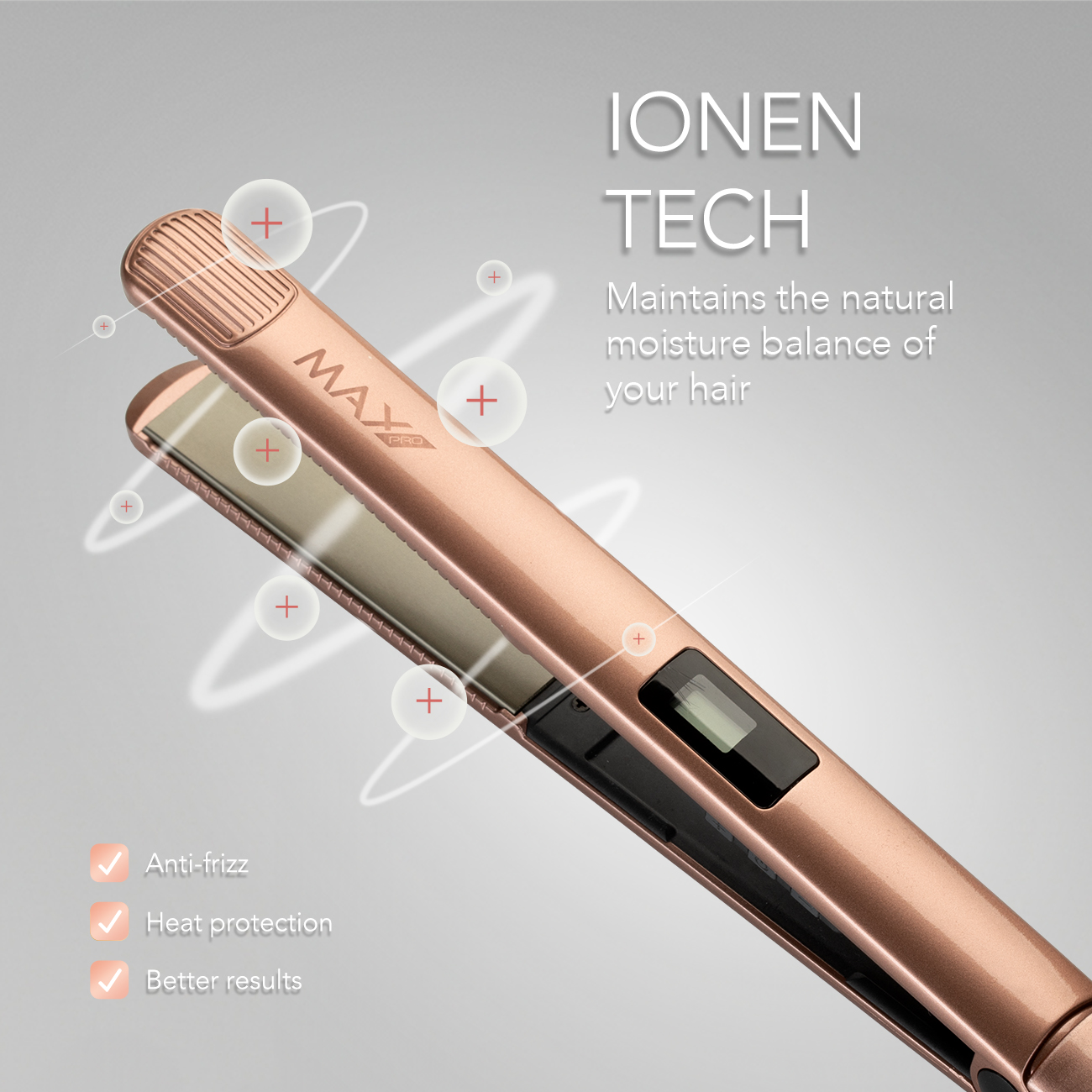 Ein roségoldener Haarglätter, geöffnet. Text deutet auf Anti-Frizz, Hitzeschutz und bessere Ergebnisse hin. Kreise mit Pluszeichen.