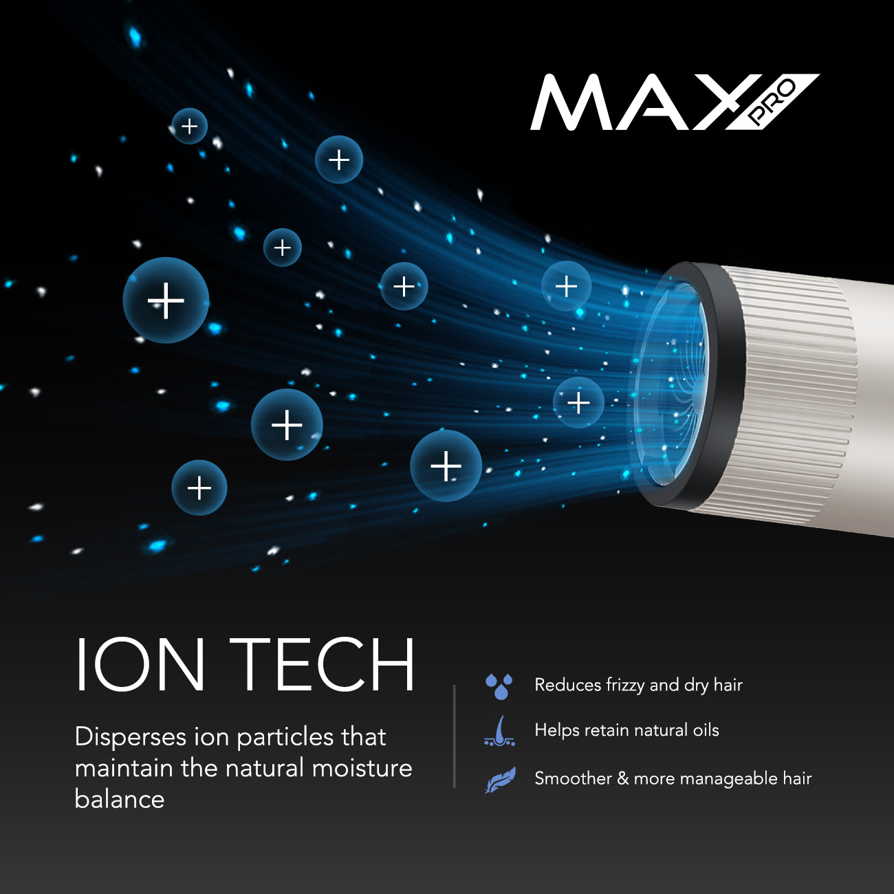 Haardroger met ionentechnologie. Blauwe aura met plus tekens. Vermindert kroezen, houdt oliën vast.
