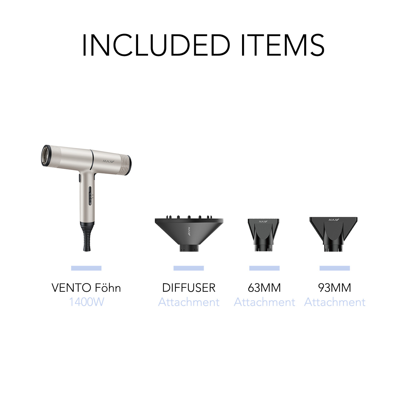 Een zilveren föhn en drie opzetstukken, met labels diffuser, 63 mm en 93 mm.