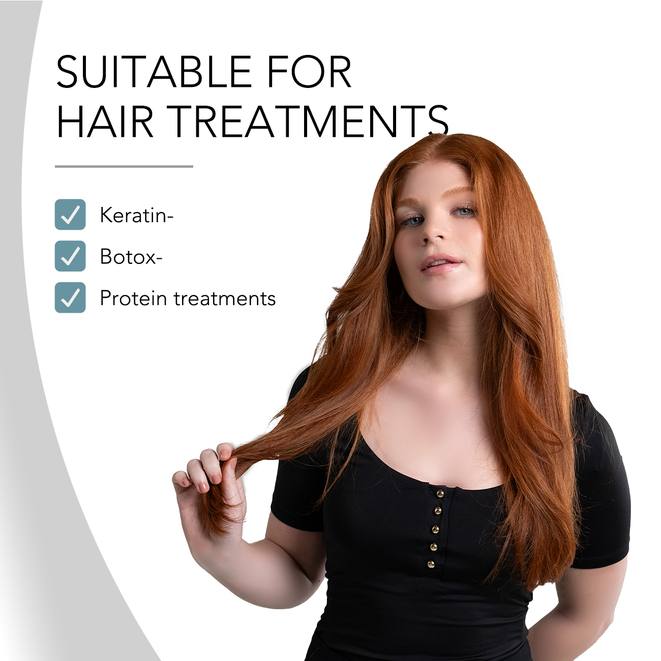 Frau mit roten Haaren hält eine Haarsträhne. Text listet Haarbehandlungen auf.
