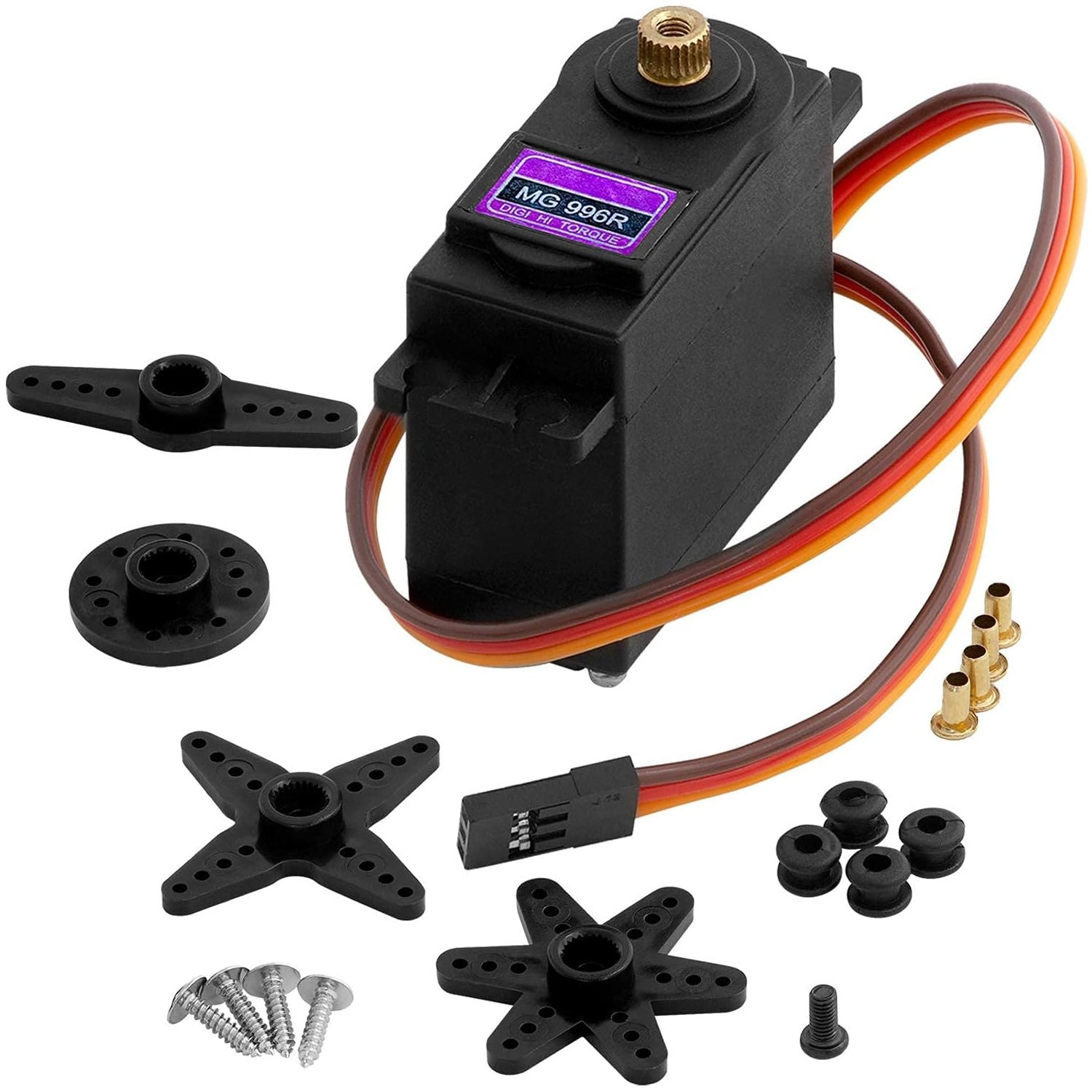 Schwarzer Servomotor mit lila Etikett, verschiedenen schwarzen Aufsätzen, Schrauben und Drähten. Teile verstreut.