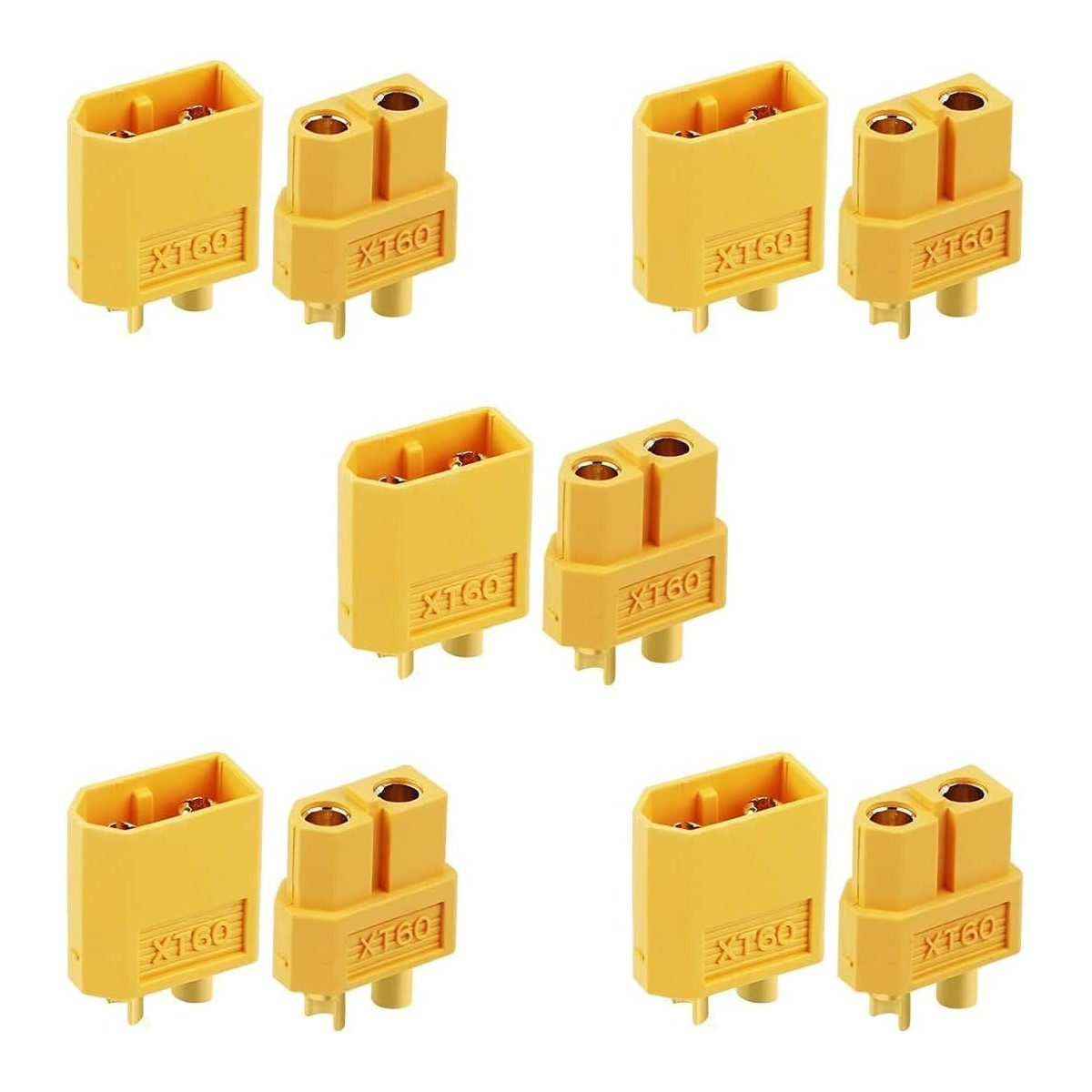 Mehrere gelbe XT60-Steckverbinder auf weißem Untergrund. Sie haben goldfarbene Kontakte.