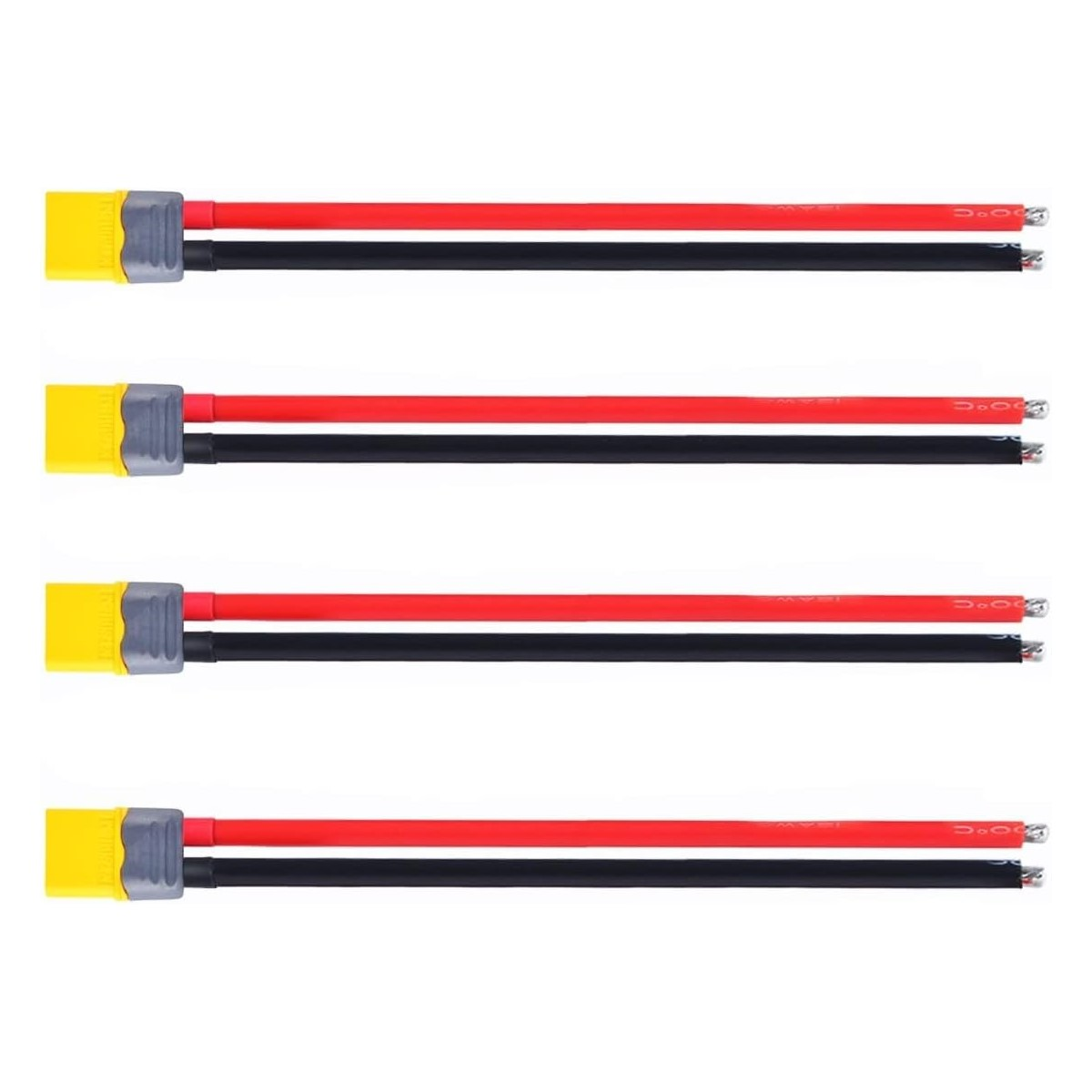 Vier Sätze roter und schwarzer Drähte mit gelben Steckern. Die Drähte sind für elektronische Geräte. Weißer Hintergrund.