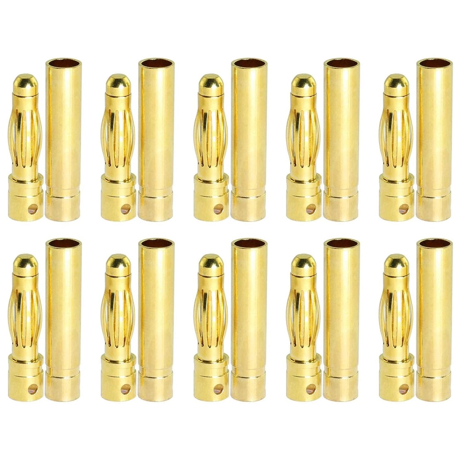 Zwölf goldfarbene Stecker. Sie sind zylindrisch mit geriffelter Oberseite.