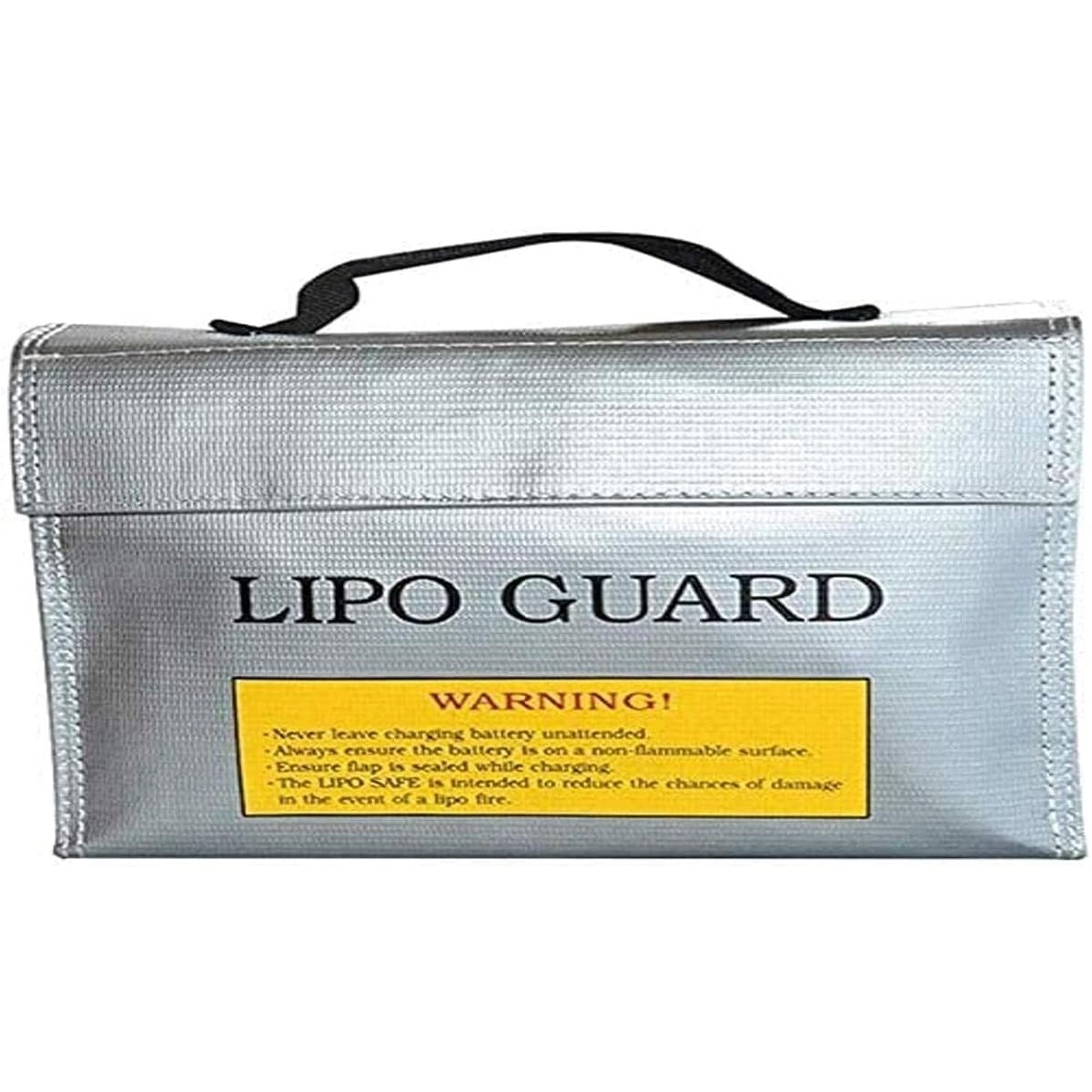 Silberne LIPO GUARD Tasche mit Warnhinweis. Schwarzer Griff, gelbes Warnschild. Weißer Hintergrund.