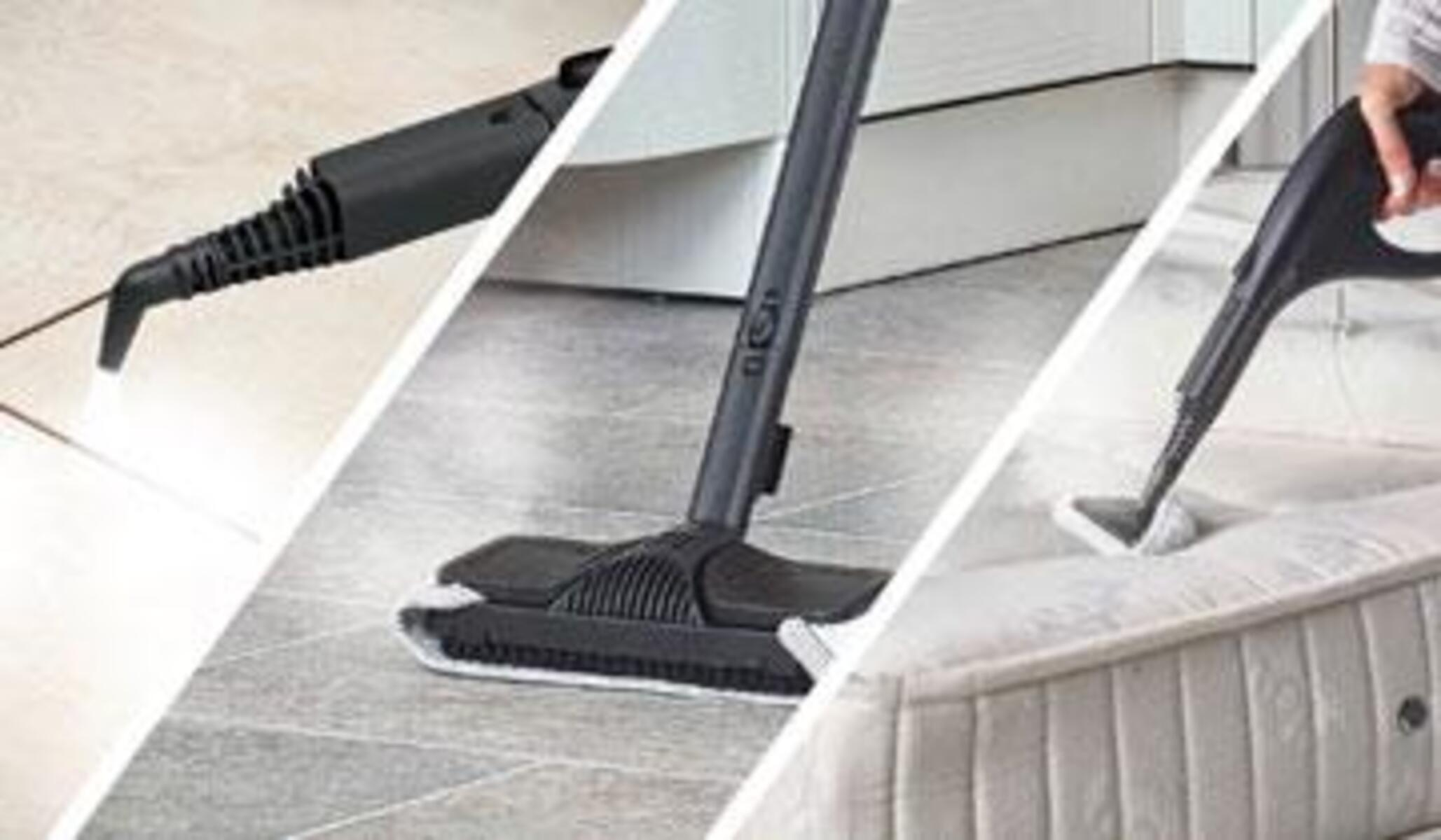 Trzy narzędzia do czyszczenia parą: dysza, myjka do podłóg i materacy, widok pod kątem.