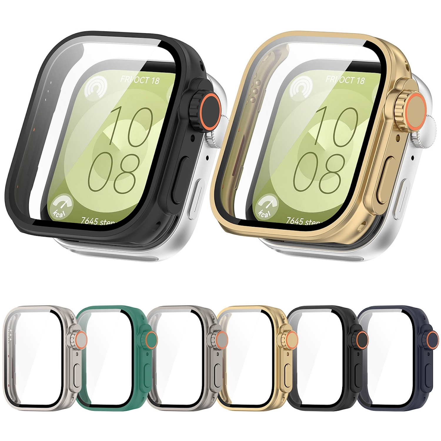Eine Auswahl an Apple Watch-Hüllen in verschiedenen Farben, die das Zifferblatt mit der angezeigten Uhrzeit zeigen.