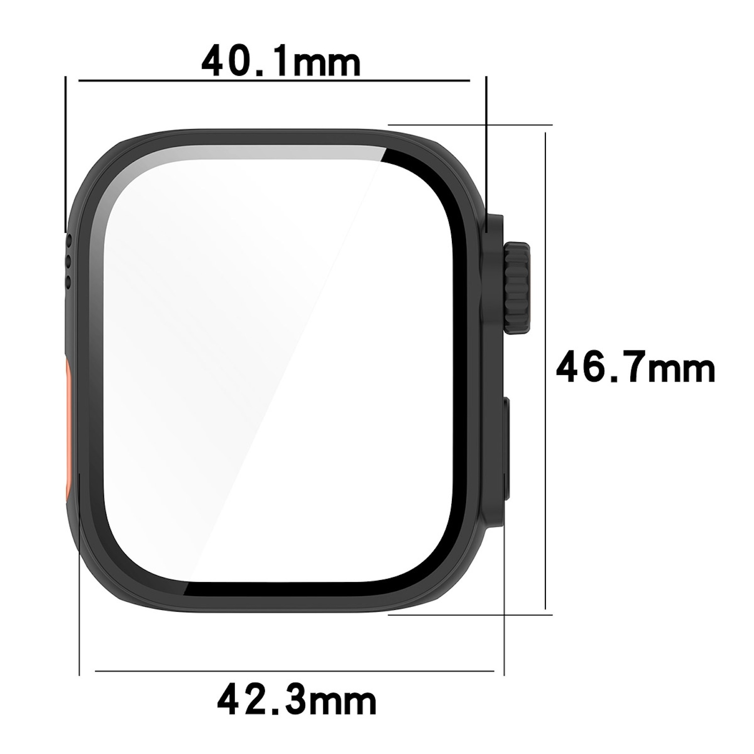 Schwarze Smartwatch mit quadratischem Bildschirm. Abmessungen in Millimetern: 40,1, 46,7 und 42,3.
