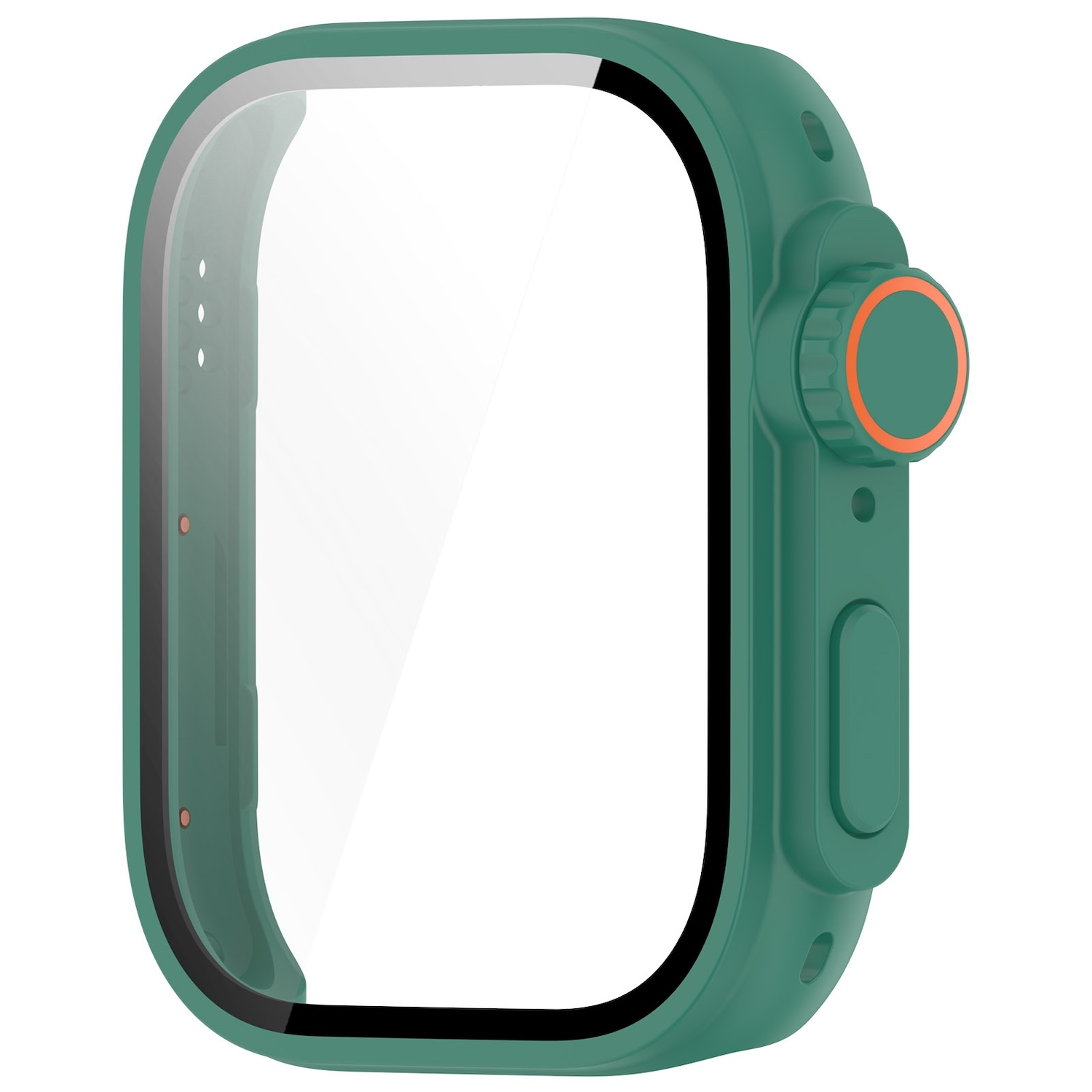 Eine grüne Smartwatch-Hülle mit orangefarbener Taste und transparentem Bildschirmschutz.
