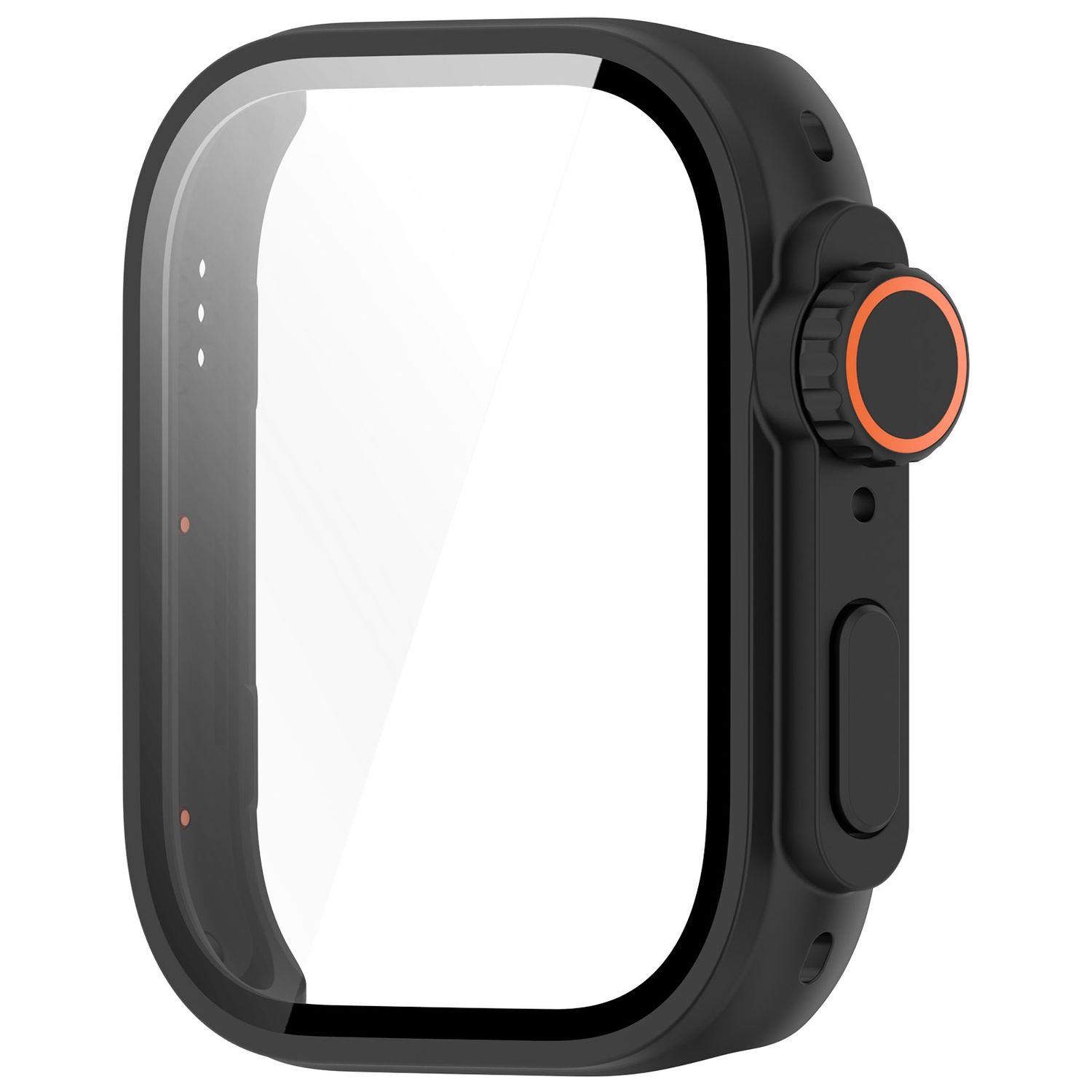 Schwarze Smartwatch mit klarem Displayschutz und orangefarbenem Knopf.