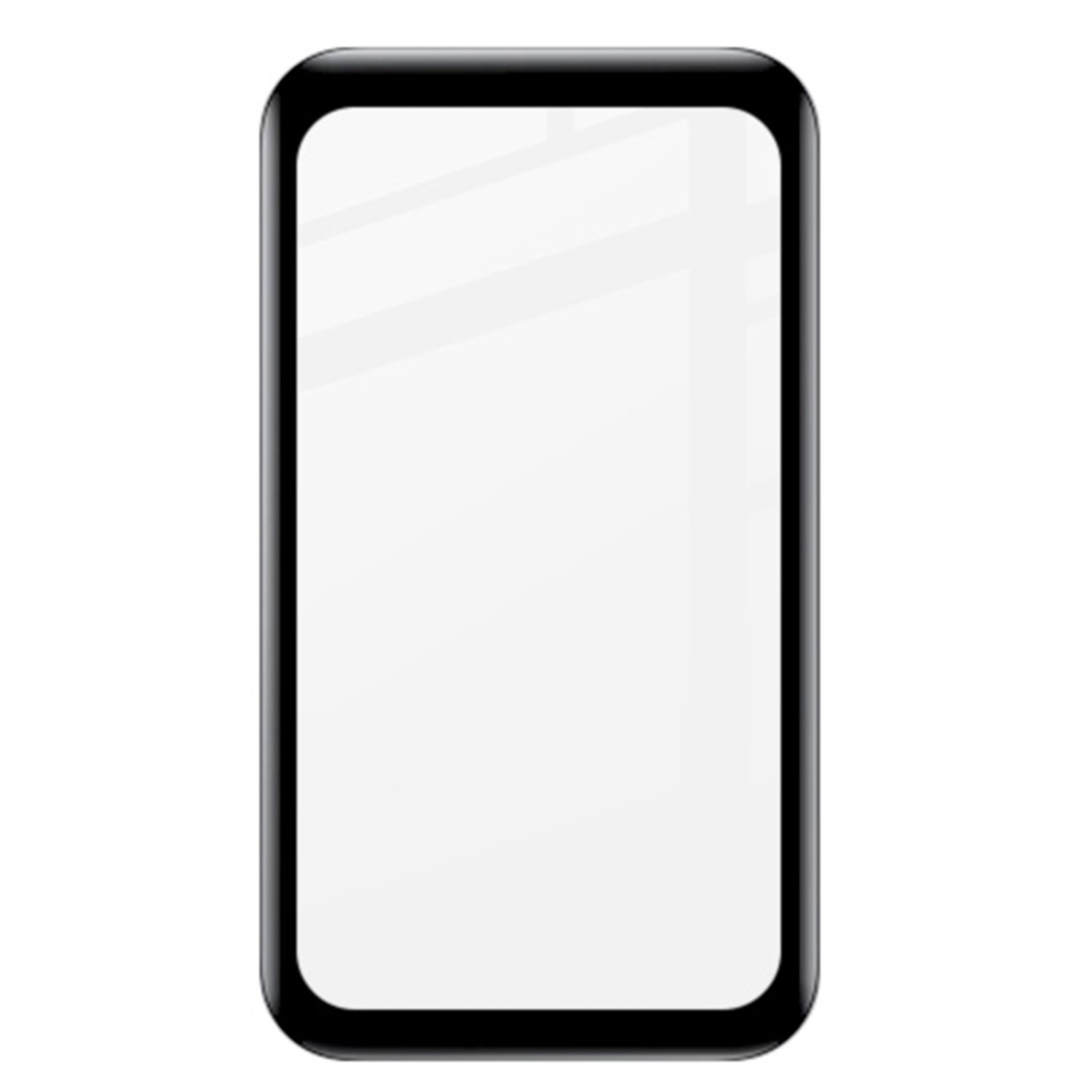 Ein rechteckiger Displayschutz für Telefone mit schwarzem Rahmen. Er ist transparent.