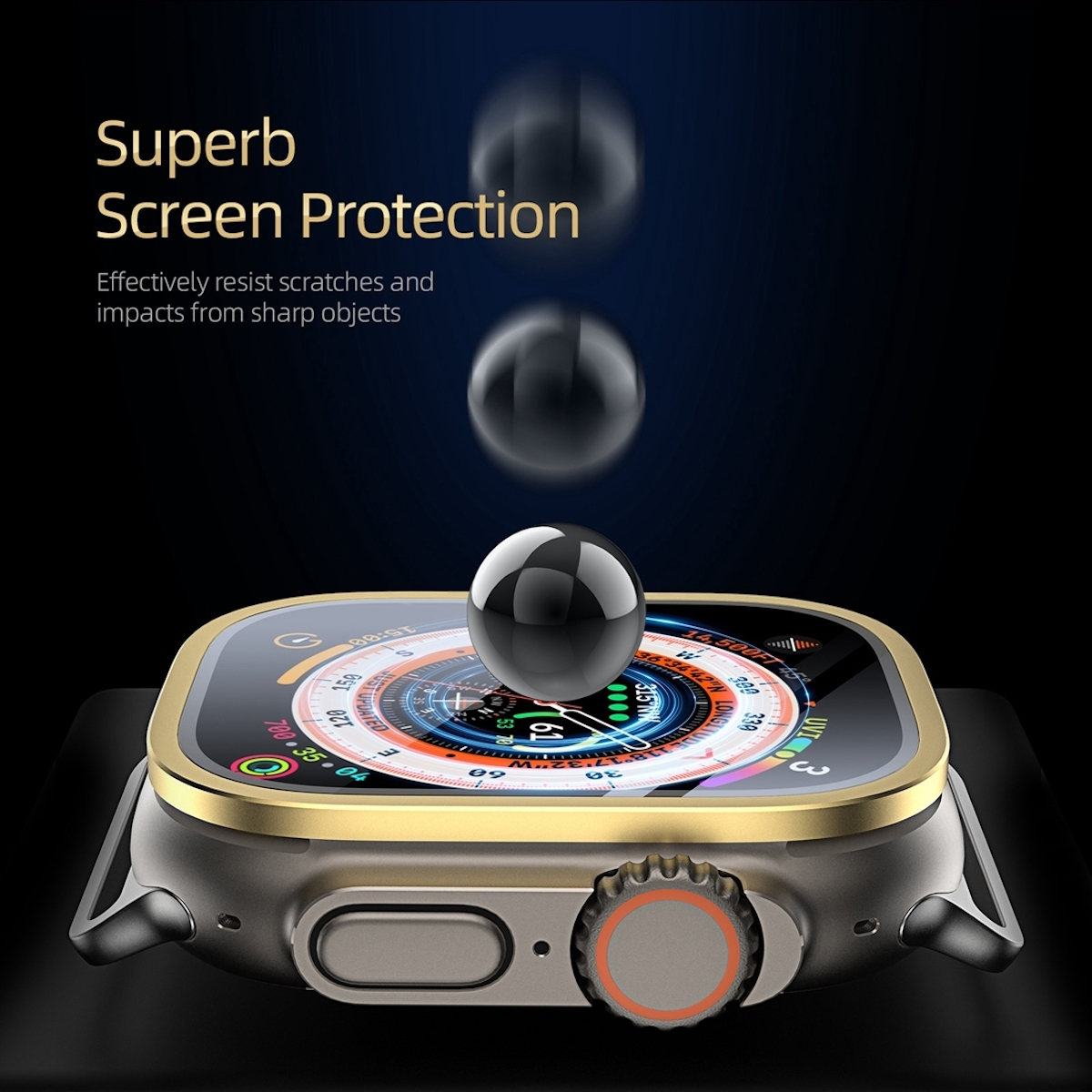 Nahaufnahme einer gold-grauen Smartwatch mit schwarzem Bildschirm, mit hervorragendem Bildschirmschutz.