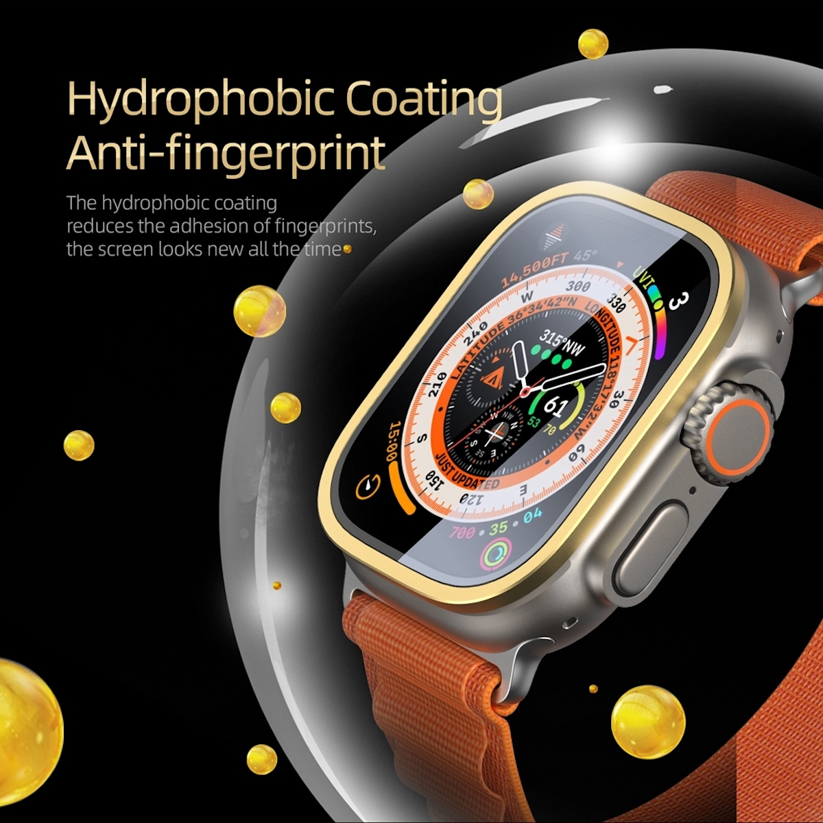 Goldene Smartwatch am Handgelenk mit orangefarbenem Armband. Text: Hydrophobe Beschichtung, Anti-Fingerprint.