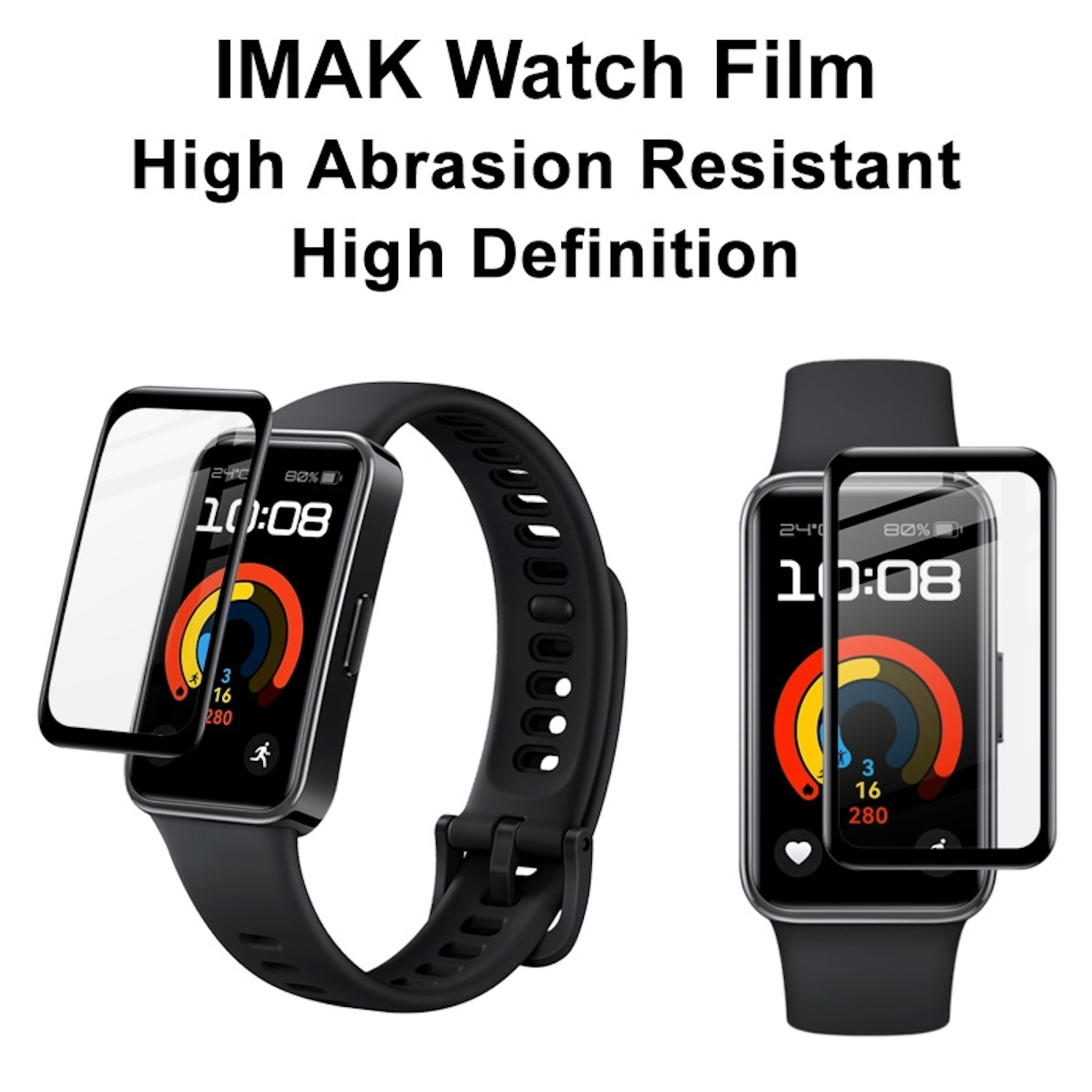 Zwei Smartwatches mit Displayschutzfolien. Eine Uhr hat eine Schutzfolie angebracht, die andere hat eine daneben.