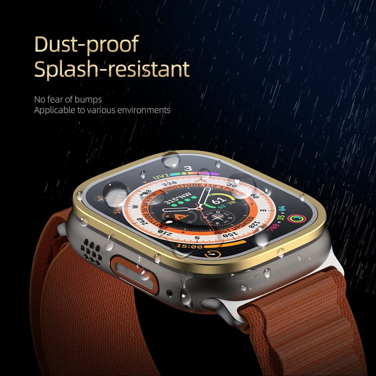 Eine Smartwatch mit goldenem Rahmen, braunem Armband und Regentropfen auf dem Bildschirm.
