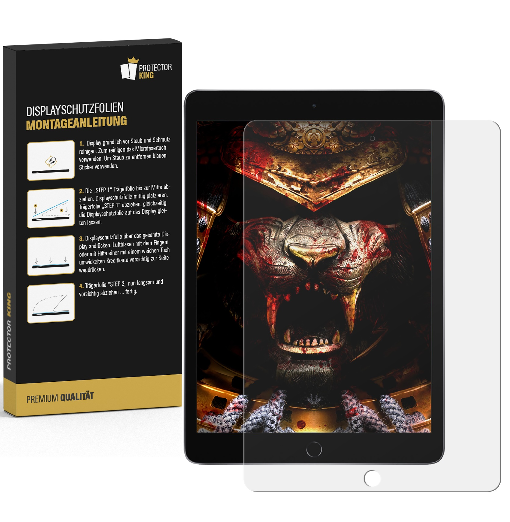 Tabletschutzfolie, mit einem Tablet rechts und einer Box mit Anweisungen.