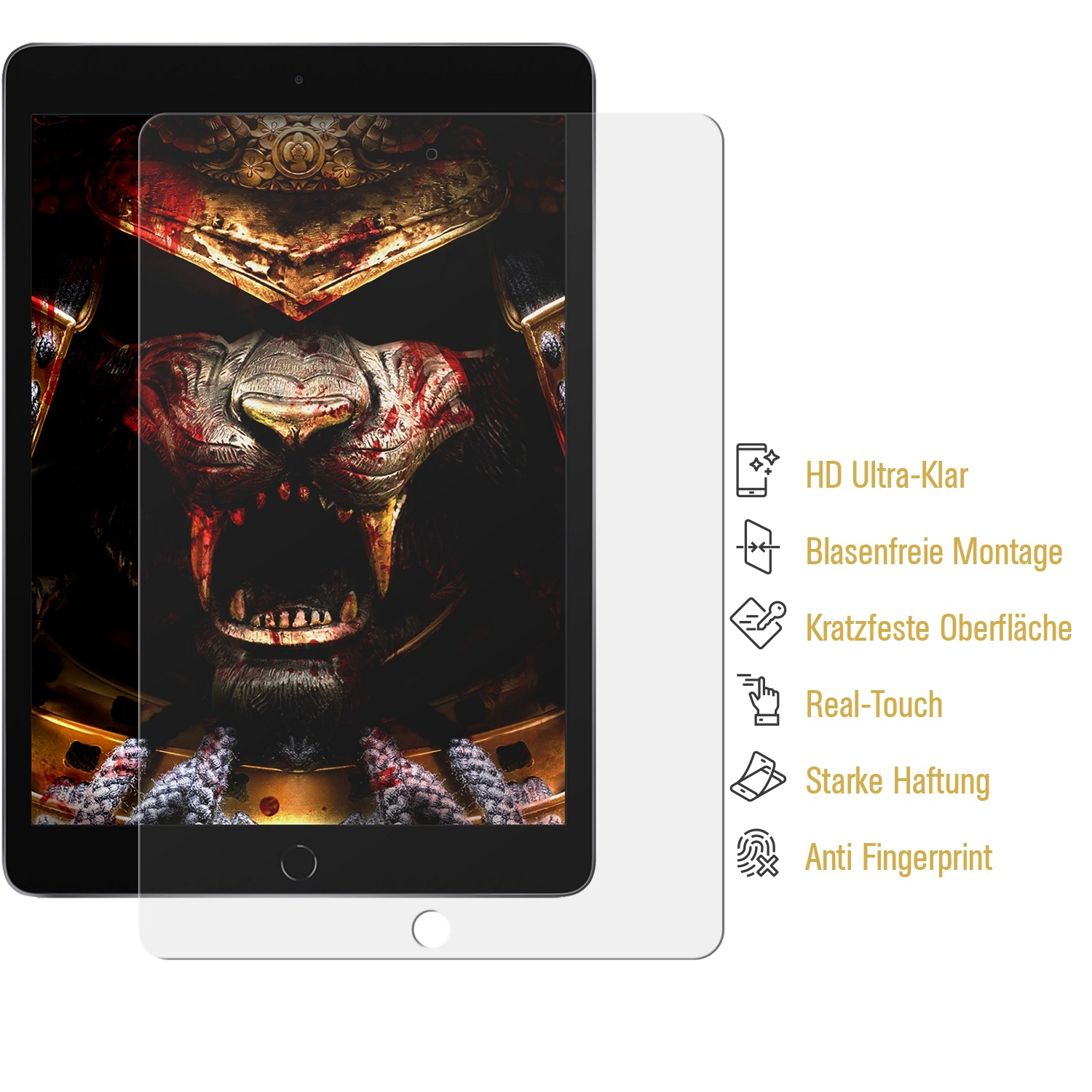 Tablet mit Displayschutzfolie. Das Bild zeigt einen Tiger. Text weist auf Bildschirmfunktionen hin.