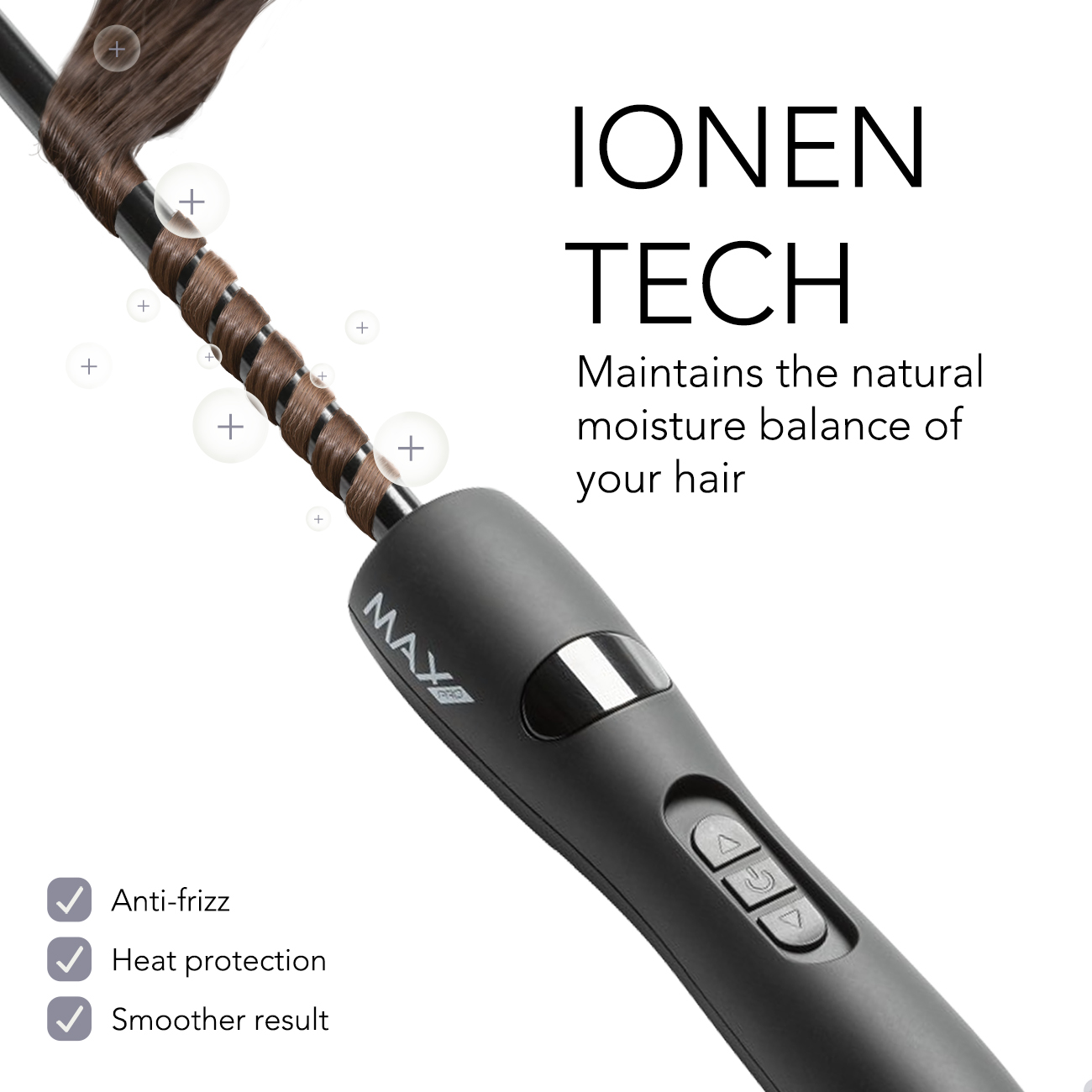 Ein Lockenstab mit schwarzem Griff, braunem Haar darum und Text 'IONEN TECH' mit Vorteilen.