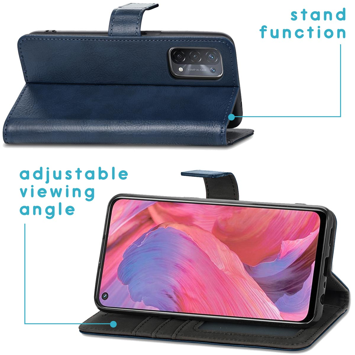 Twee afbeeldingen van een telefoonhoesje. Eén toont de telefoon staand, de ander de hoes gesloten, met een blauwe cover.