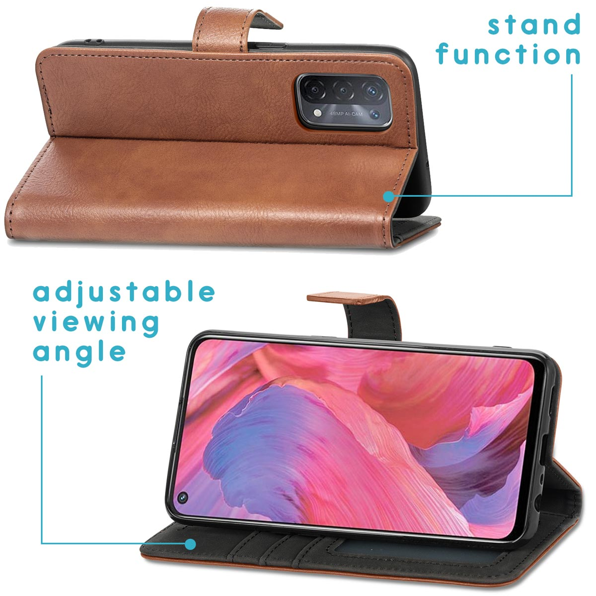 Un étui de téléphone marron avec un téléphone à l'intérieur, montrant la fonction de support et l'angle de vision.
