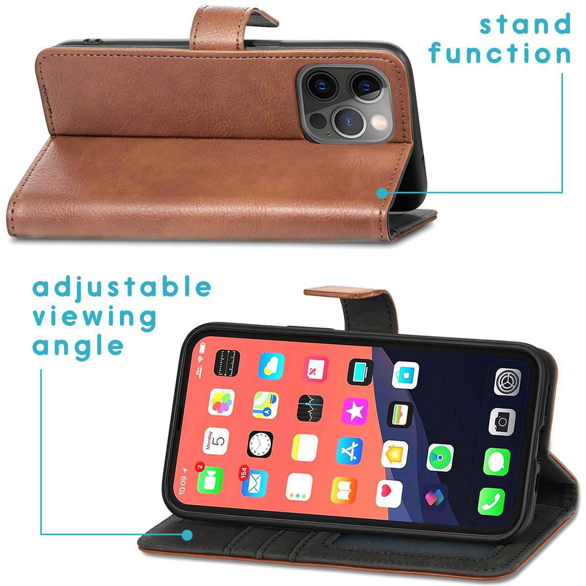 Two images of a phone case. One shows the phone standing, the other shows the case closed, with a brown cover.