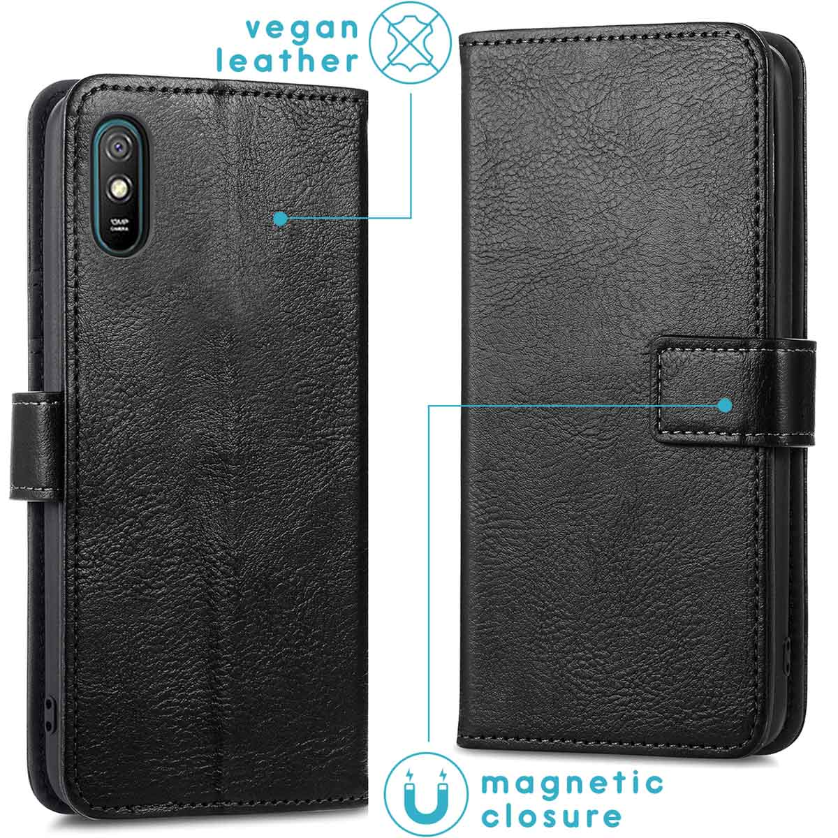 Custodia a libro in ecopelle nera per smartphone con chiusura magnetica.
