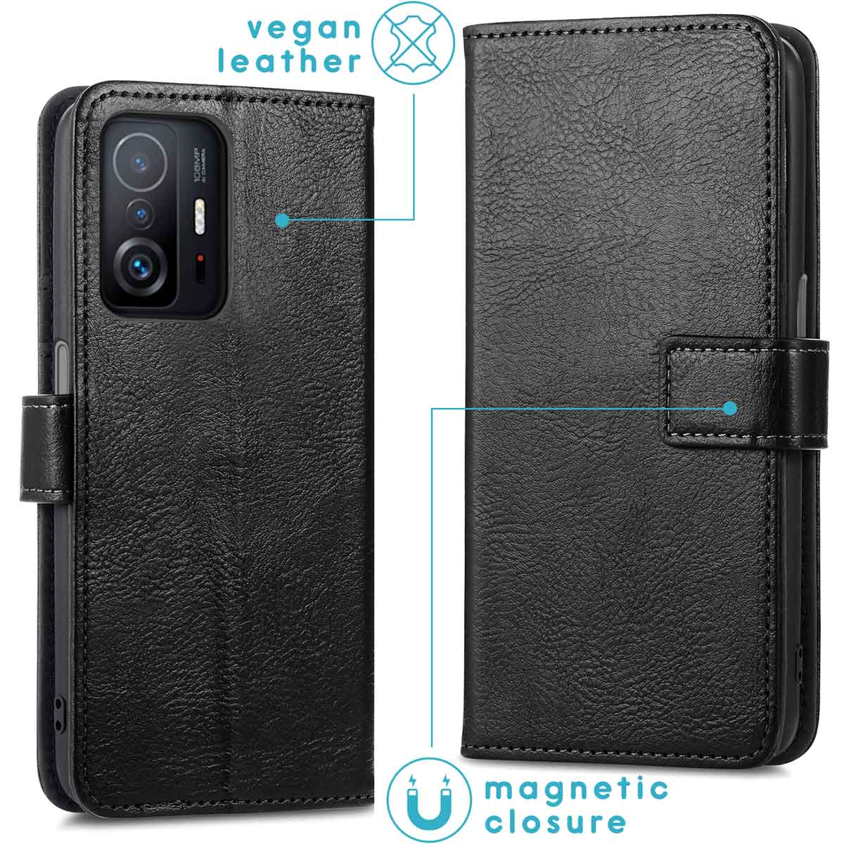 Étui portefeuille noir en cuir vegan avec fermeture magnétique pour smartphone.